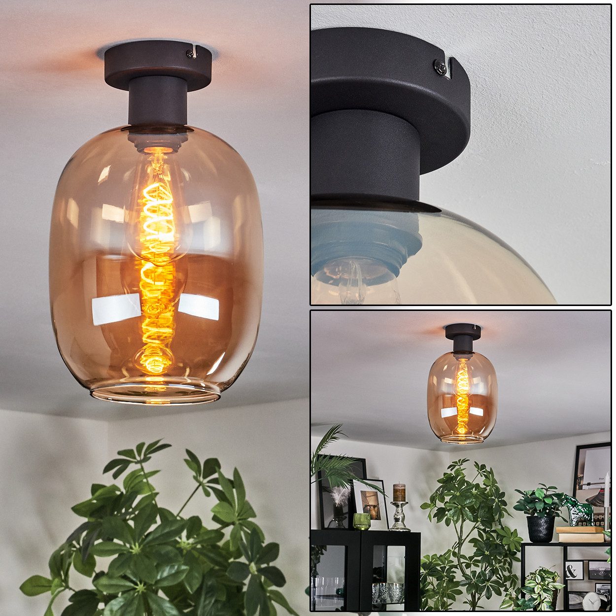 hofstein Deckenleuchte Deckenlampe aus Metall/Glas in Schwarz/Bernsteinfarb günstig online kaufen