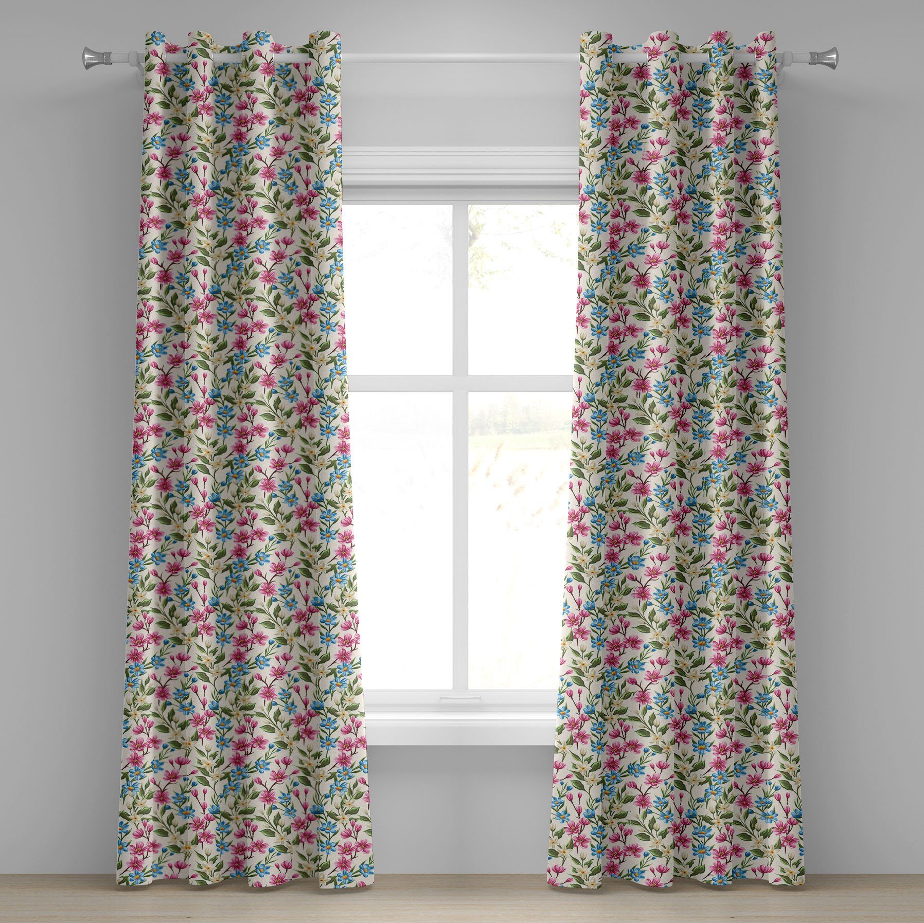 Gardine Dekorative 2-Panel-Fenstervorhänge für Schlafzimmer Wohnzimmer, Abakuhaus, Blume Shabby Pflanzenblätter Knospen