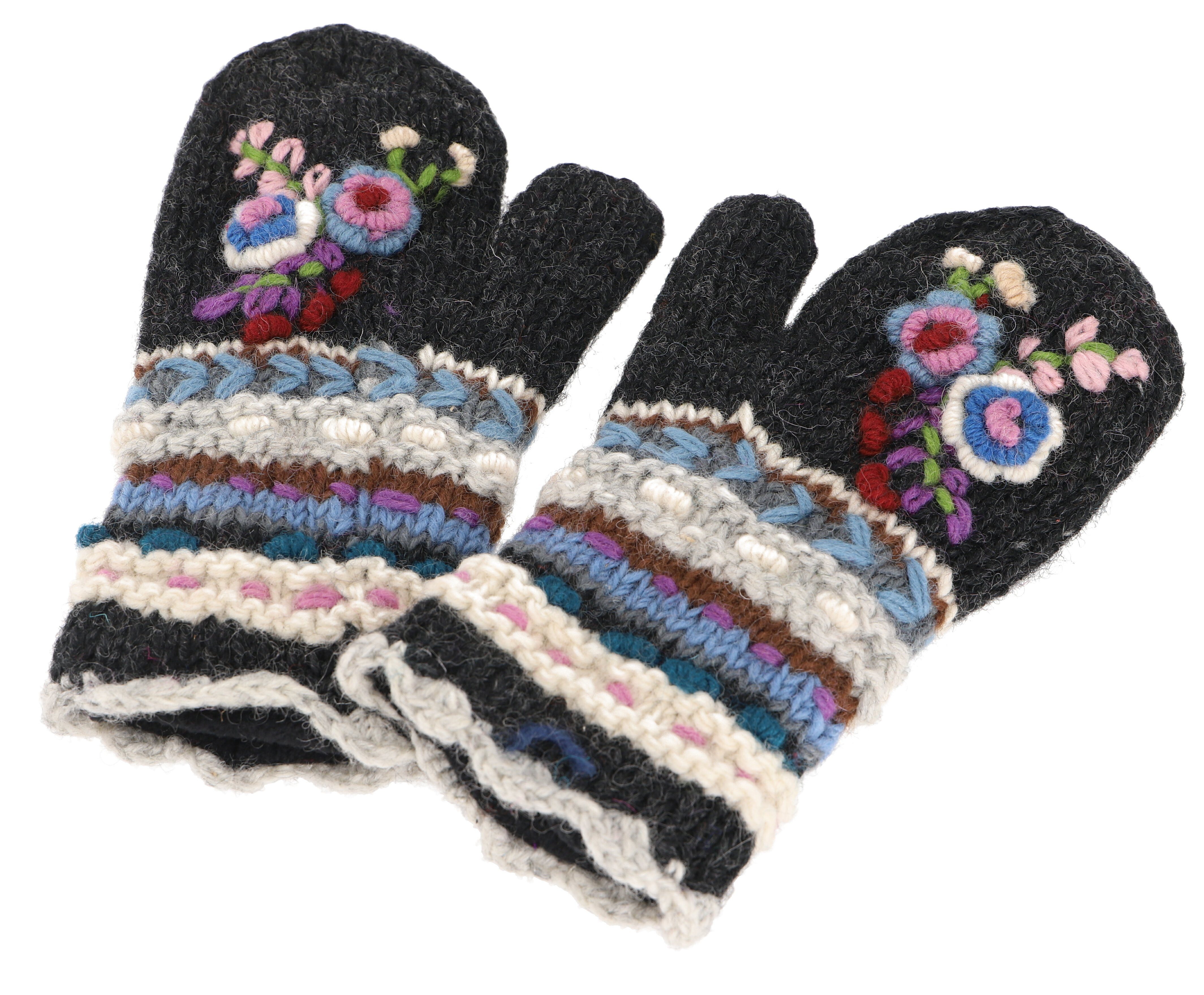 Guru-Shop Strickhandschuhe Wollhandschuhe mit Blümchenstickerei, Boho.. günstig online kaufen