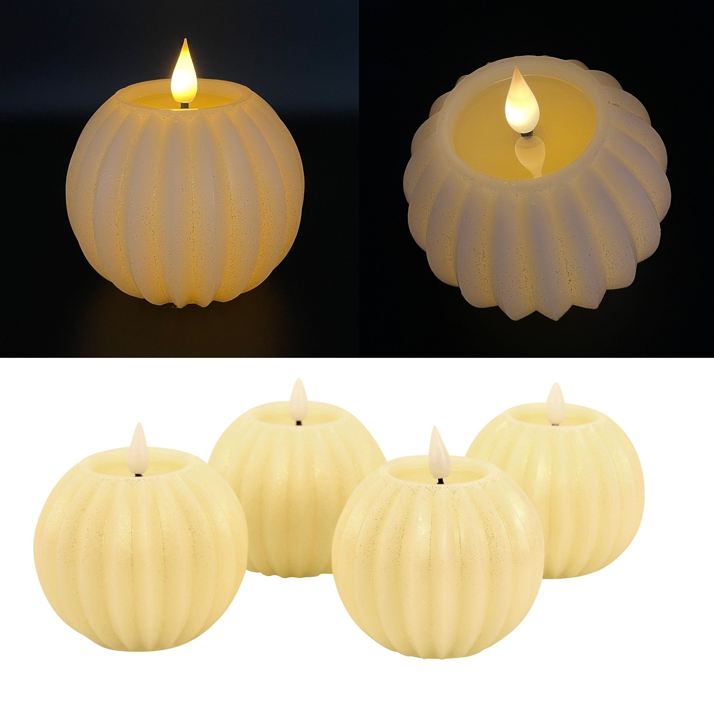Online-Fuchs LED-Kerze 4er Set LED KUGELKERZEN aus Wachs mit Glitzer, Fernbedienung, (6-Stunden-Timer, 3D-Twist-Design-Struktur), in den Farben Creme, Weiß, Rot und Rosa