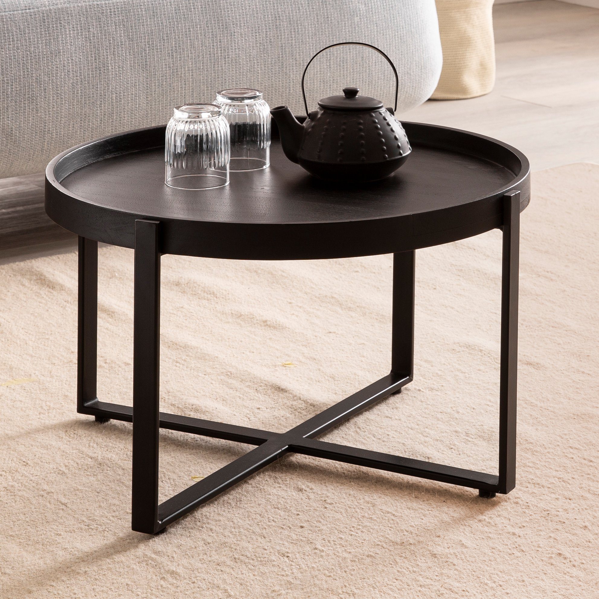 FINEBUY Couchtisch FB96363 Massivholz rund Ø60cm Schwarz Wohnzimmertisch Industrial (60x60x35 cm Sofatisch Mango Massivholz Schwarz), Wohnzimmertisch Rund Kaffeetisch Industrial
