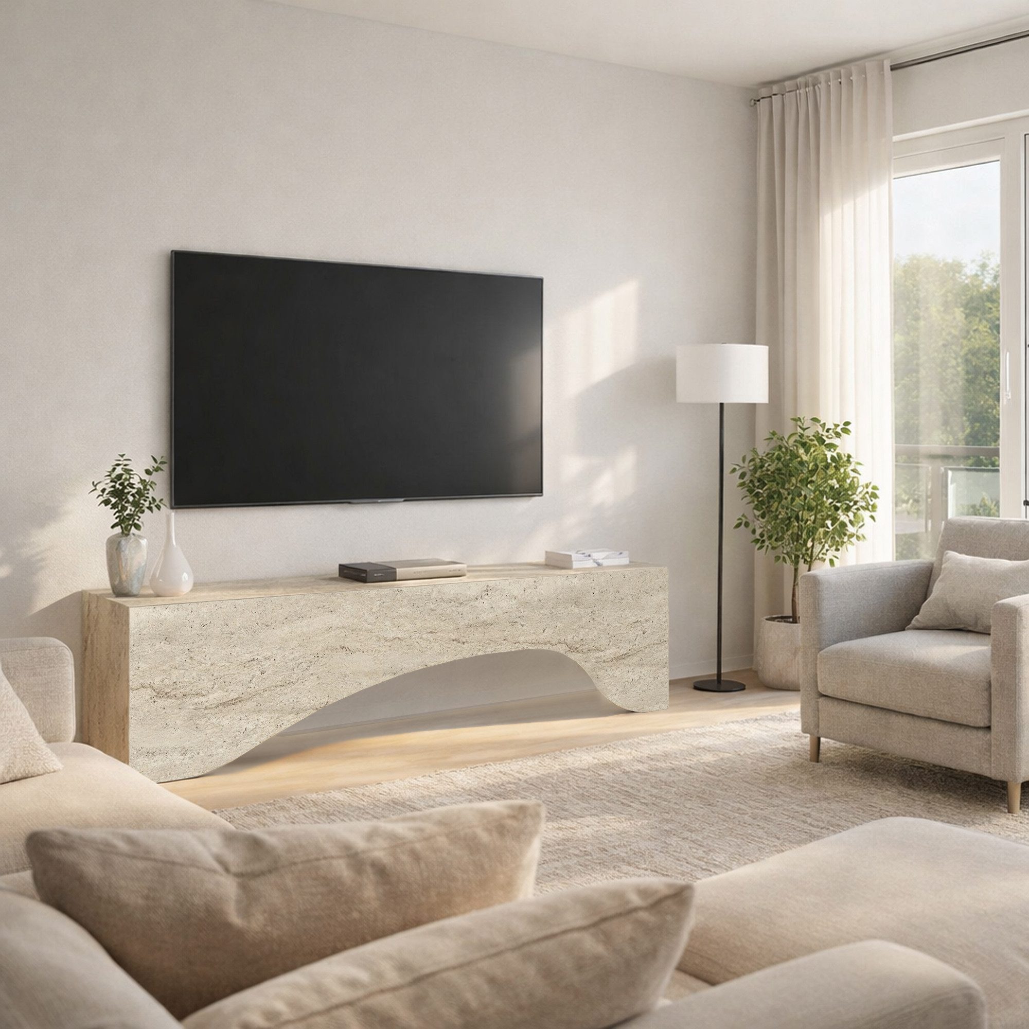 moebel17 Lowboard TV Lowboard Enigma Granit Optik Travertin Beige (Einzelmöbel, 1 St., Besteht aus 1 TV Lowboard), Pflegeleichte Oberfläche, Granitoptik