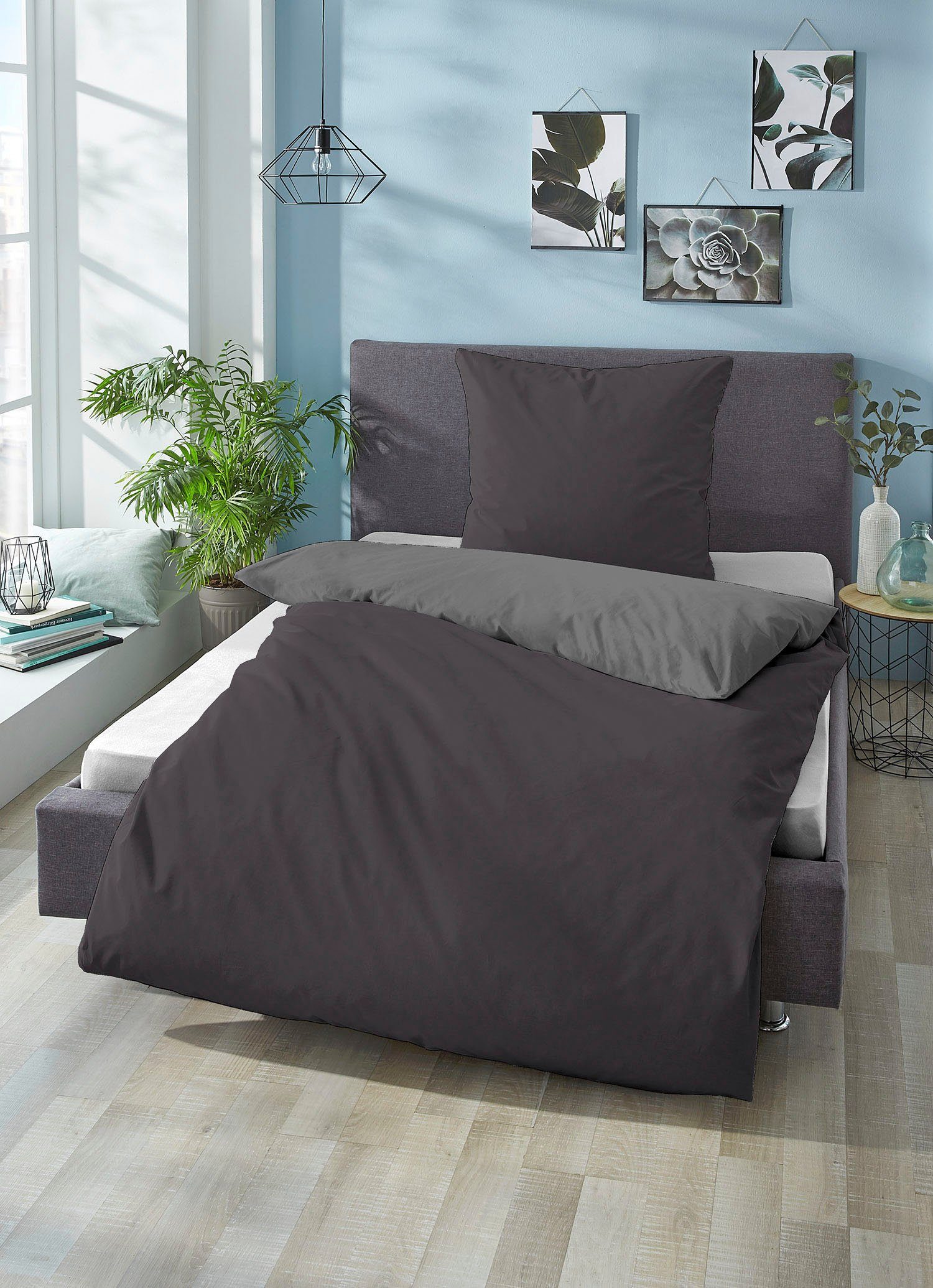 Biberna Wendebettwäsche Alma in Gr. 135x200, 155x220 oder 200x200 cm, Linon, 2 teilig, Bettwäsche aus Baumwolle, Reißverschluss, Bettwäsche mit Wendeoptik