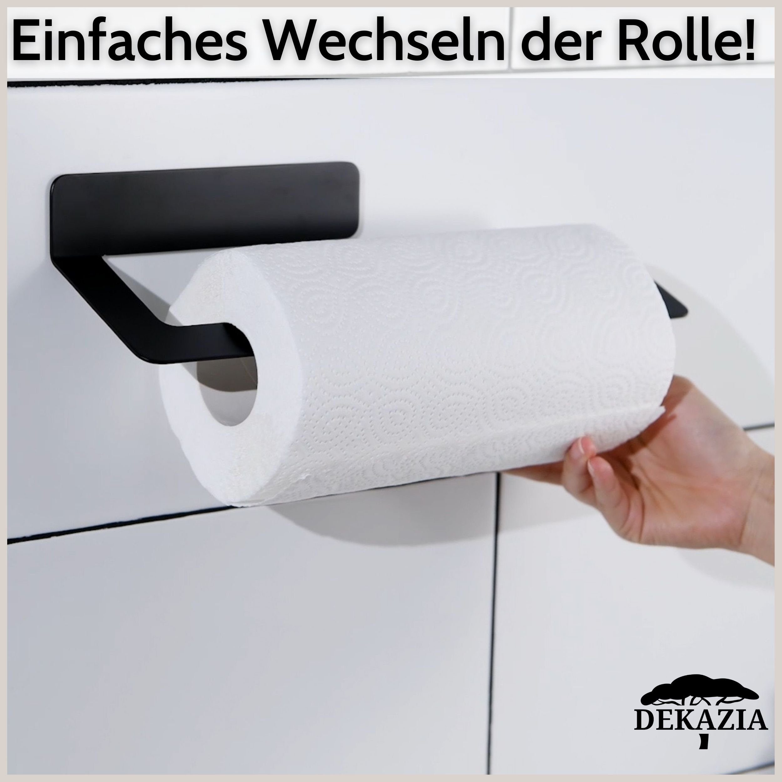 DEKAZIA Küchenrollenhalter ohne Bohren, Selbstklebender Papierrollenhalter Küche, (inkl. Klebeset, zwei Farben Schwarz-matt / Edelstahl gebürstet), Küchenpapierhalter Wand, Küchenrolle, Edelstahl rostfrei