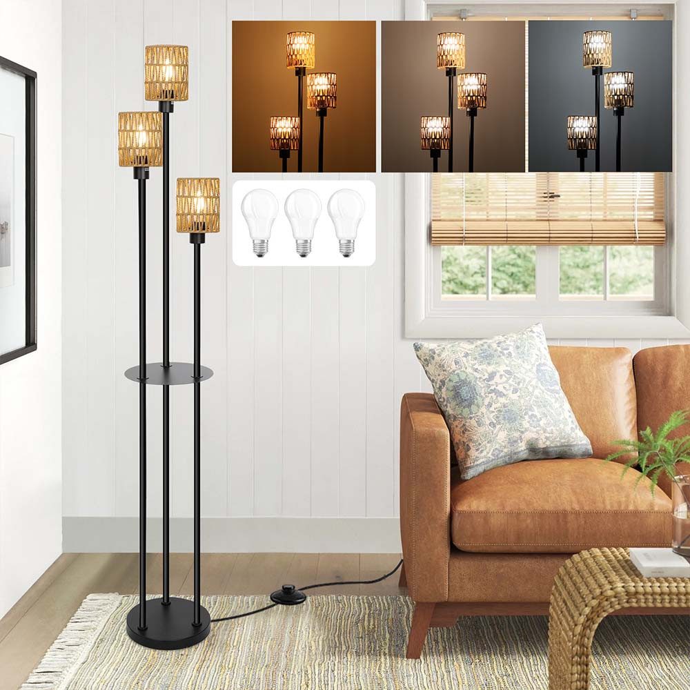 Stehlampe Boho Rattan Stehlampe,Standleuchten mit Rattan Lampenschirm