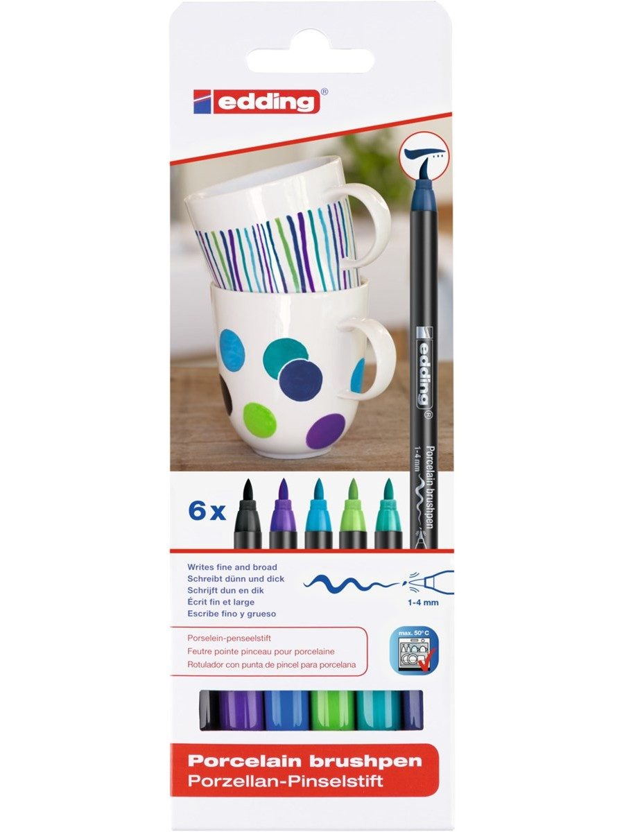 edding Pinselstift Porzellan-Pinselstift edding 4200 6er Set für Keramik und Glas, Flexible Pinselspitze für flächige und feine Arbeiten