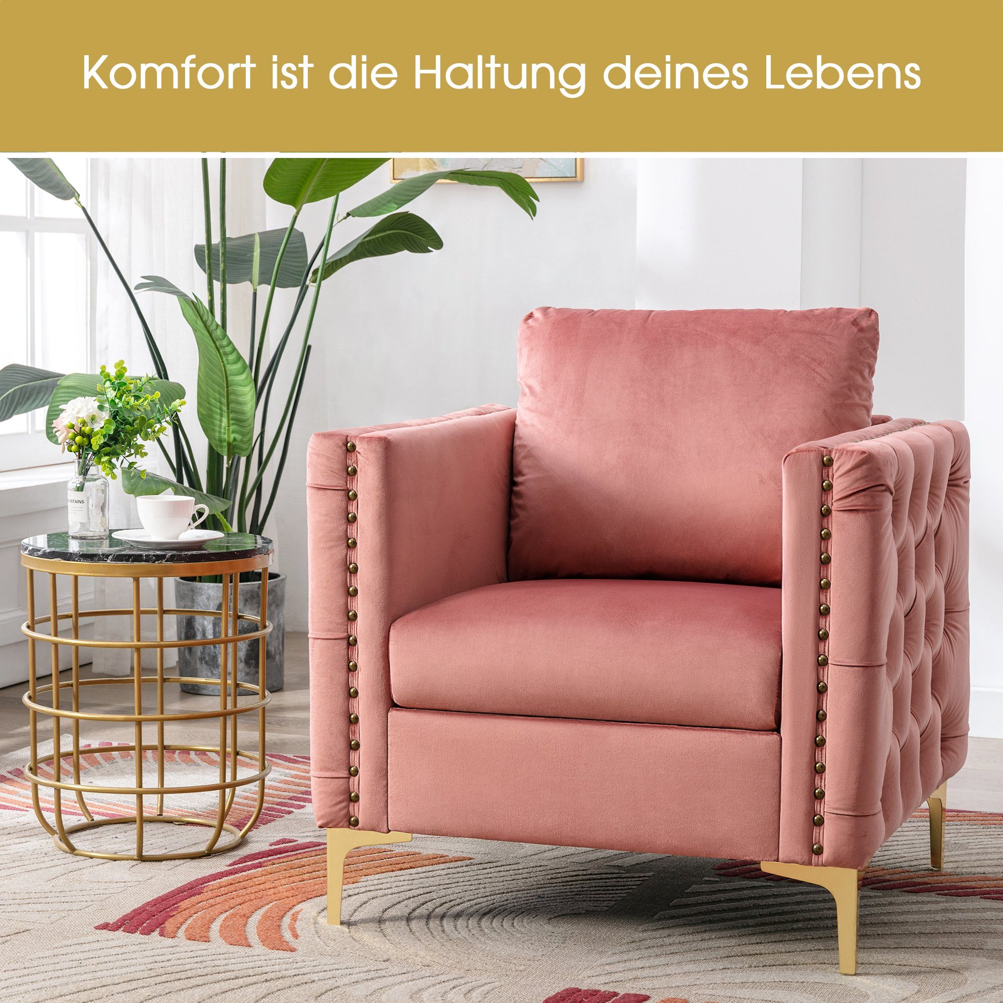Sessel, Fernsehsessel mit edler Knopfheftung und gepolstertem Sitzkissen, goldenen Beinen, Relaxsessel mit Kissen