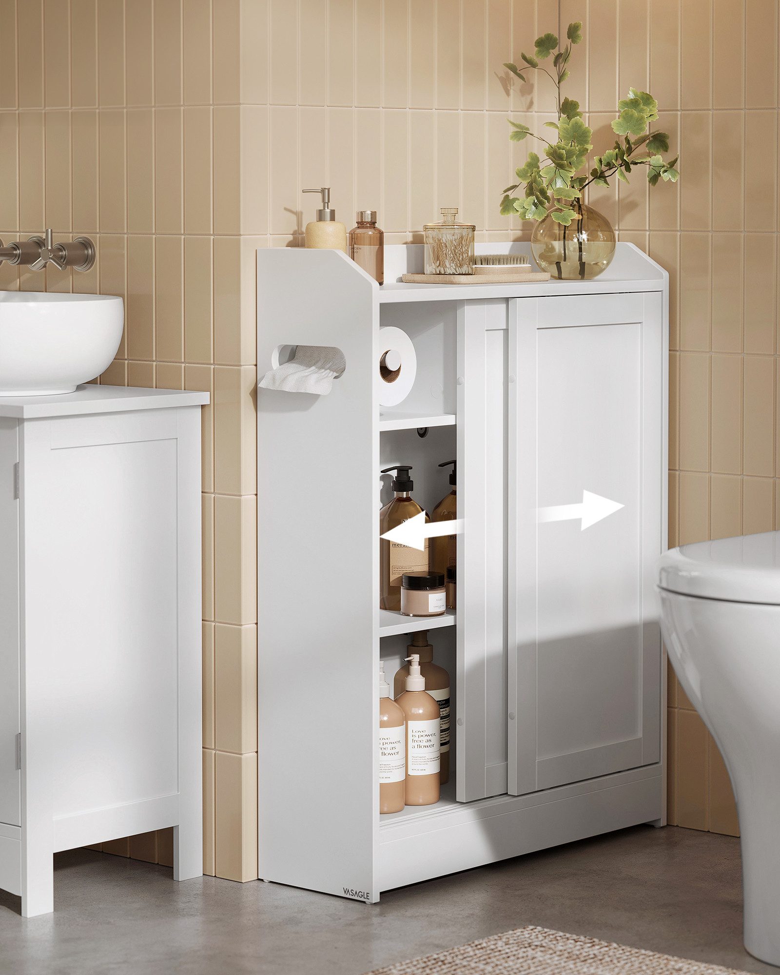 VASAGLE Badkommode Badezimmerschrank, Toilettenrollenhalter, Badschrank platzsparend, 60 x 20 x 80 cm, Schiebetüren, verstellbare Einlegeböden