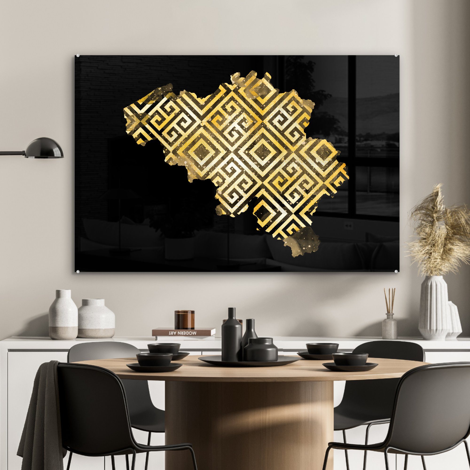 Karte Belgien St), Acrylglasbild Muster, & MuchoWow Wohnzimmer Acrylglasbilder - Gold (1 - Schlafzimmer
