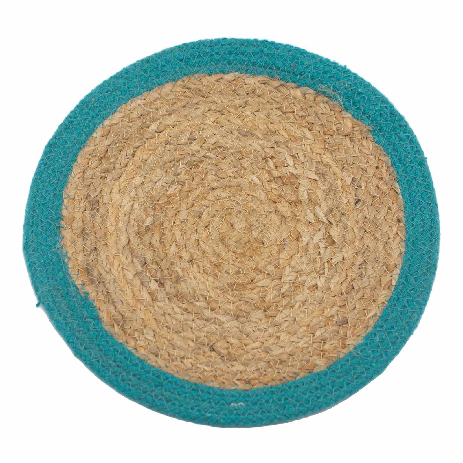 Bali-Homedecor Gartentisch Natürliches Tischset - Jute & Baumwolle 30cm- Blaugrüner-Rand