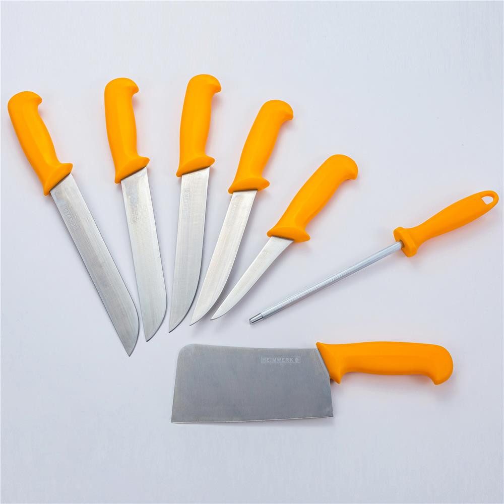 HOOZ Messer-Set Fleischermesser Set 7-teilig mit Hackbeil & Wetzstahl aus Edelstahl (7-tlg), 7-teiliges Fleischermesser Set mit Wetzstahl und Hackbeil