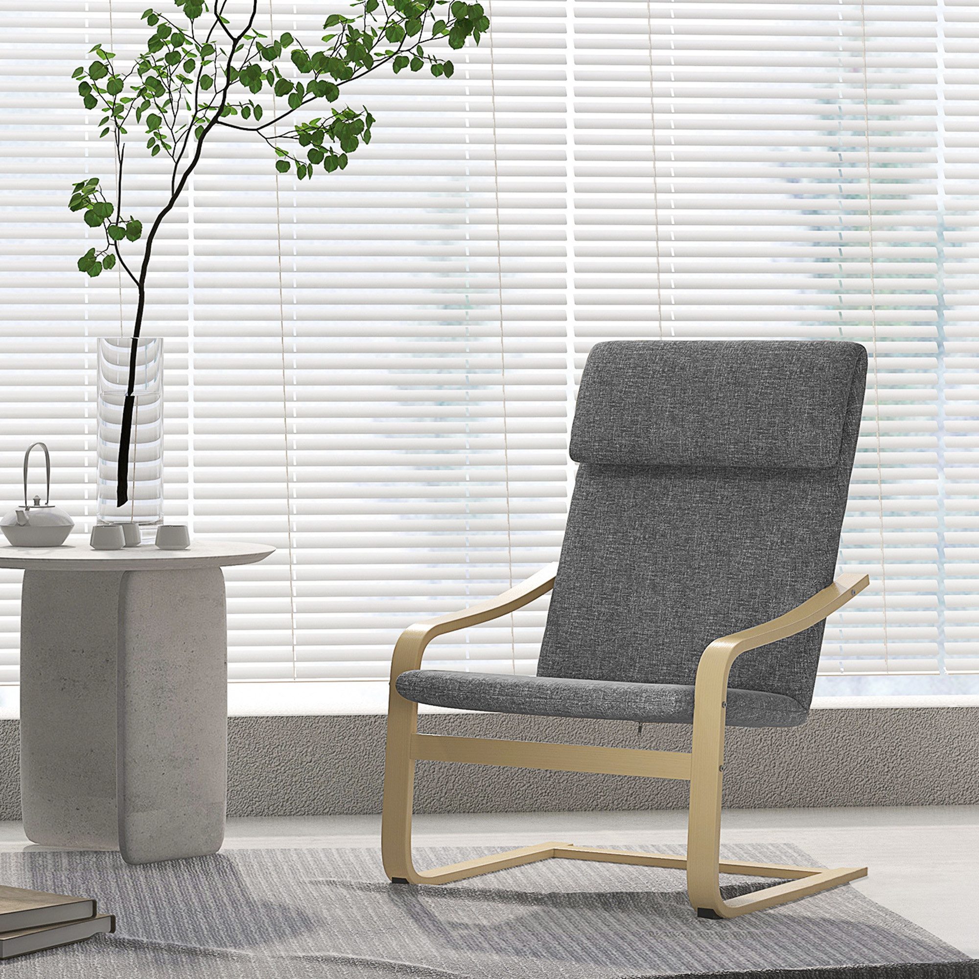 HOMCOM Relaxsessel Ruhesessel mit Kopfkissen für Wohnzimmer (Relaxstuhl mit Armlehne, 1-St., Esszimmerstuhl), Birkenholz, Dunkelgrau 65 x 69 x 98cm