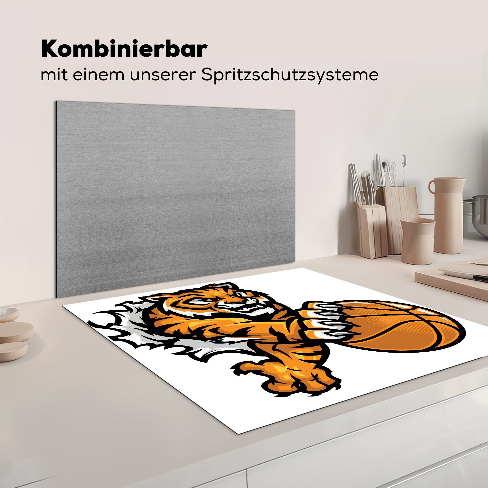 Ein 78x78 für tlg), Vinyl, seinen Ceranfeldabdeckung, einer, MuchoWow Basketball mit küche Krallen cm, in (1 Herdblende-/Abdeckplatte Arbeitsplatte den packt Tiger