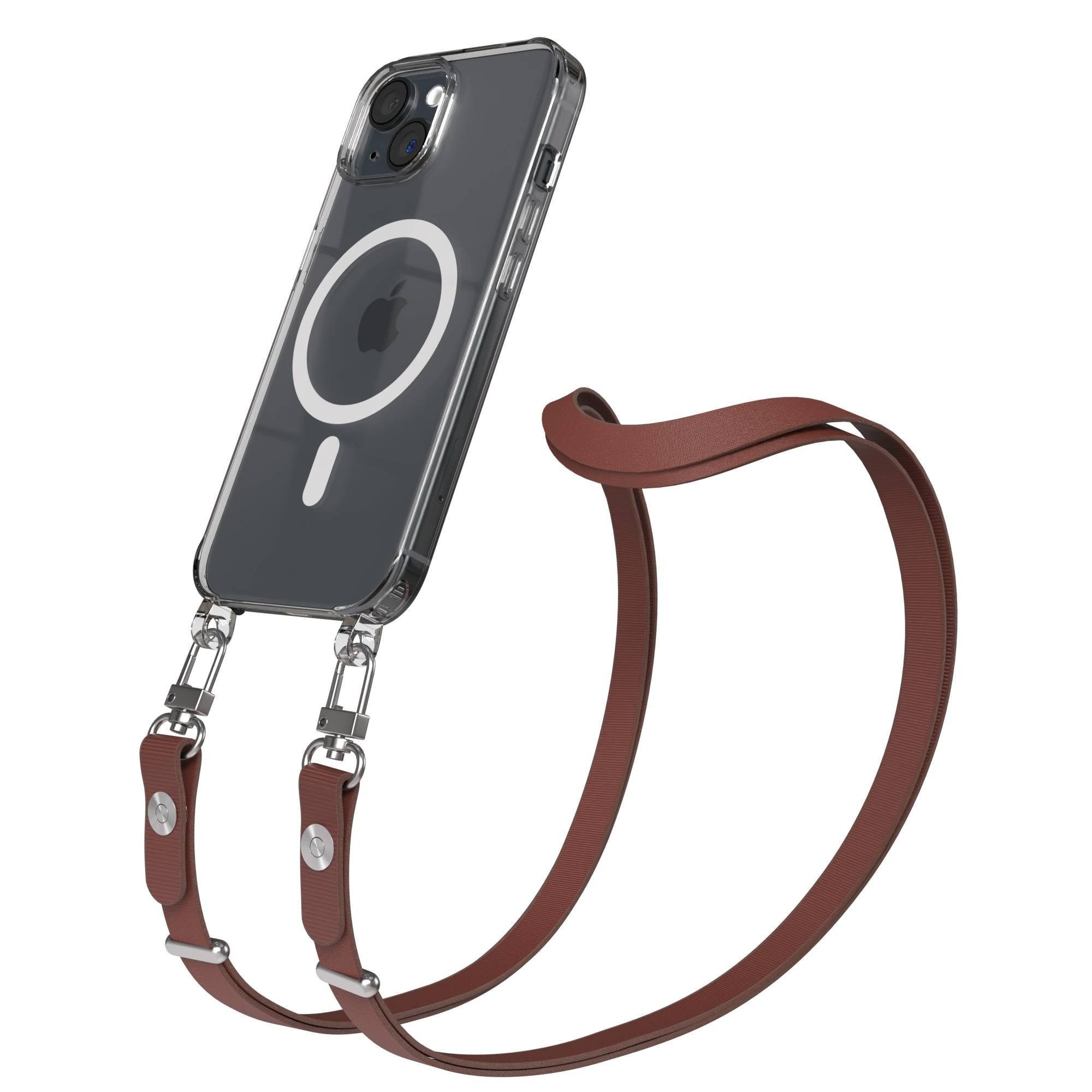 EAZY CASE Handykette für Apple iPhone 15 Handyhülle mit Handyband magnetisch, Hülle mit Handykette in Dunkelbraun MagSafe kompatibel und verstellbar