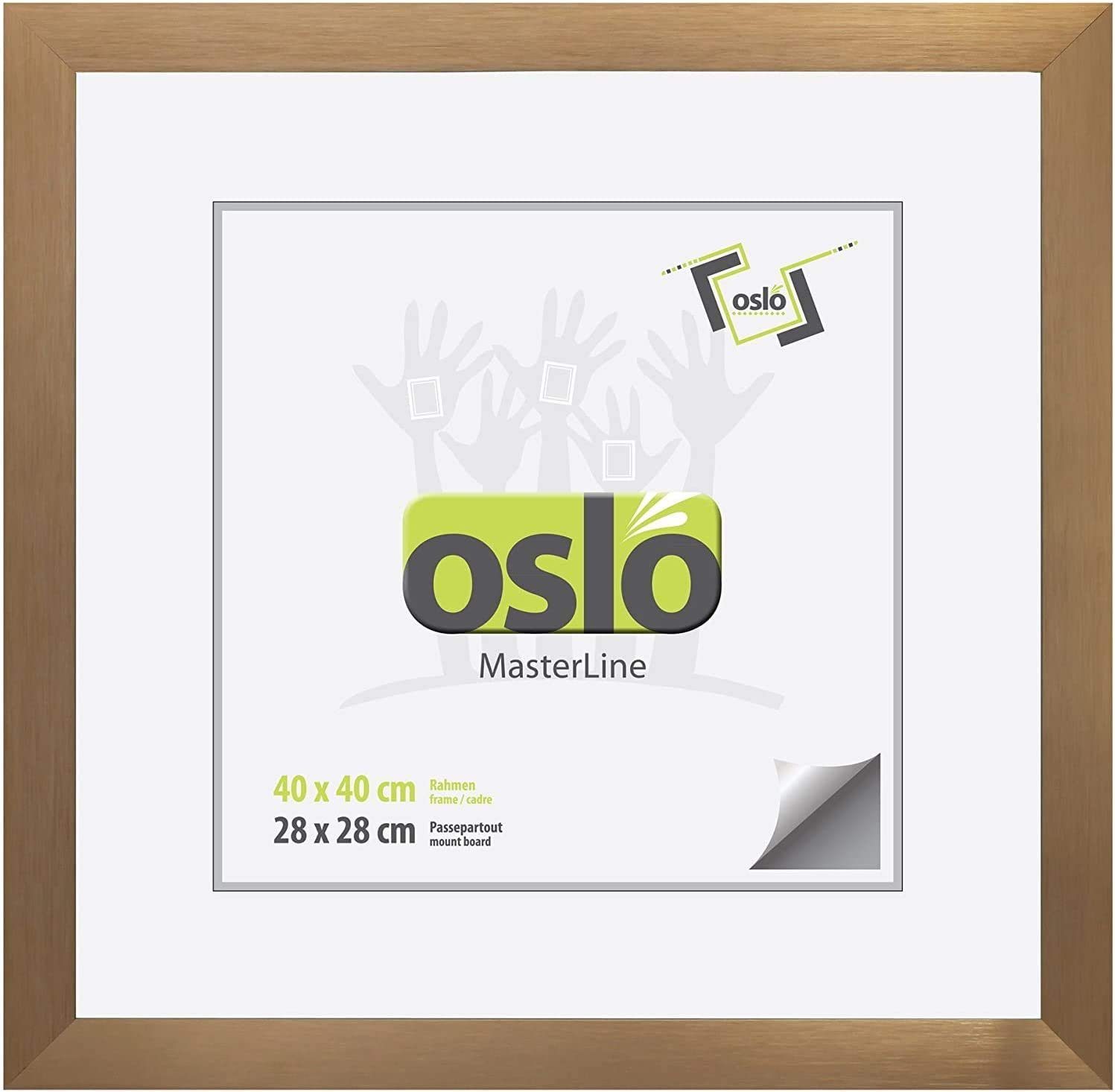 Oslo MasterLine Einzelrahmen Bilderrahmen quadratisch cm gebürstet Alu, Passepartout 40x40 perfekt 3 gold, Aluminium mit Echtglas breit, Bilder für