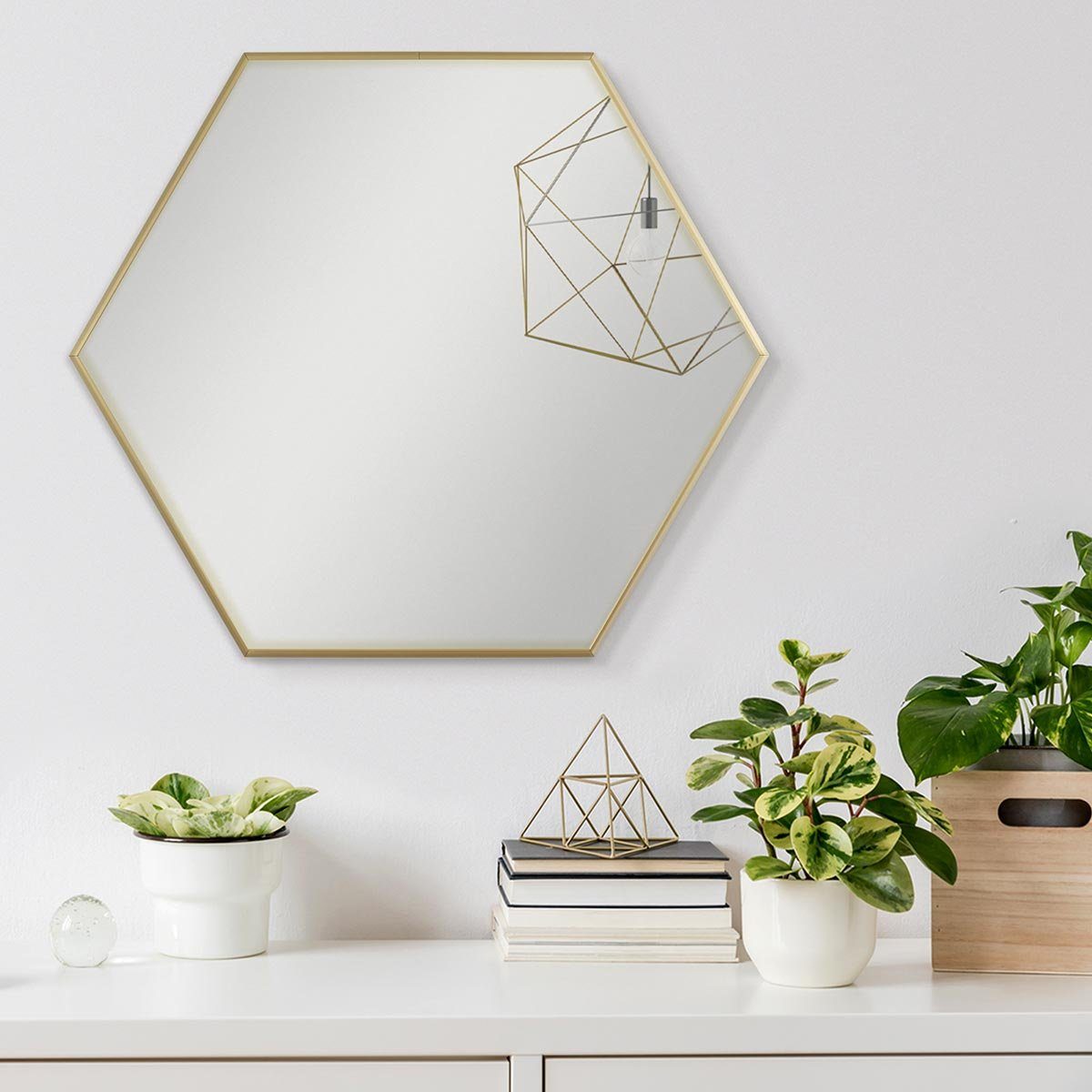 PHOTOLINI Spiegel sechseckig mit Metallrahmen 52x60 cm, schmaler Rahmen Gold
