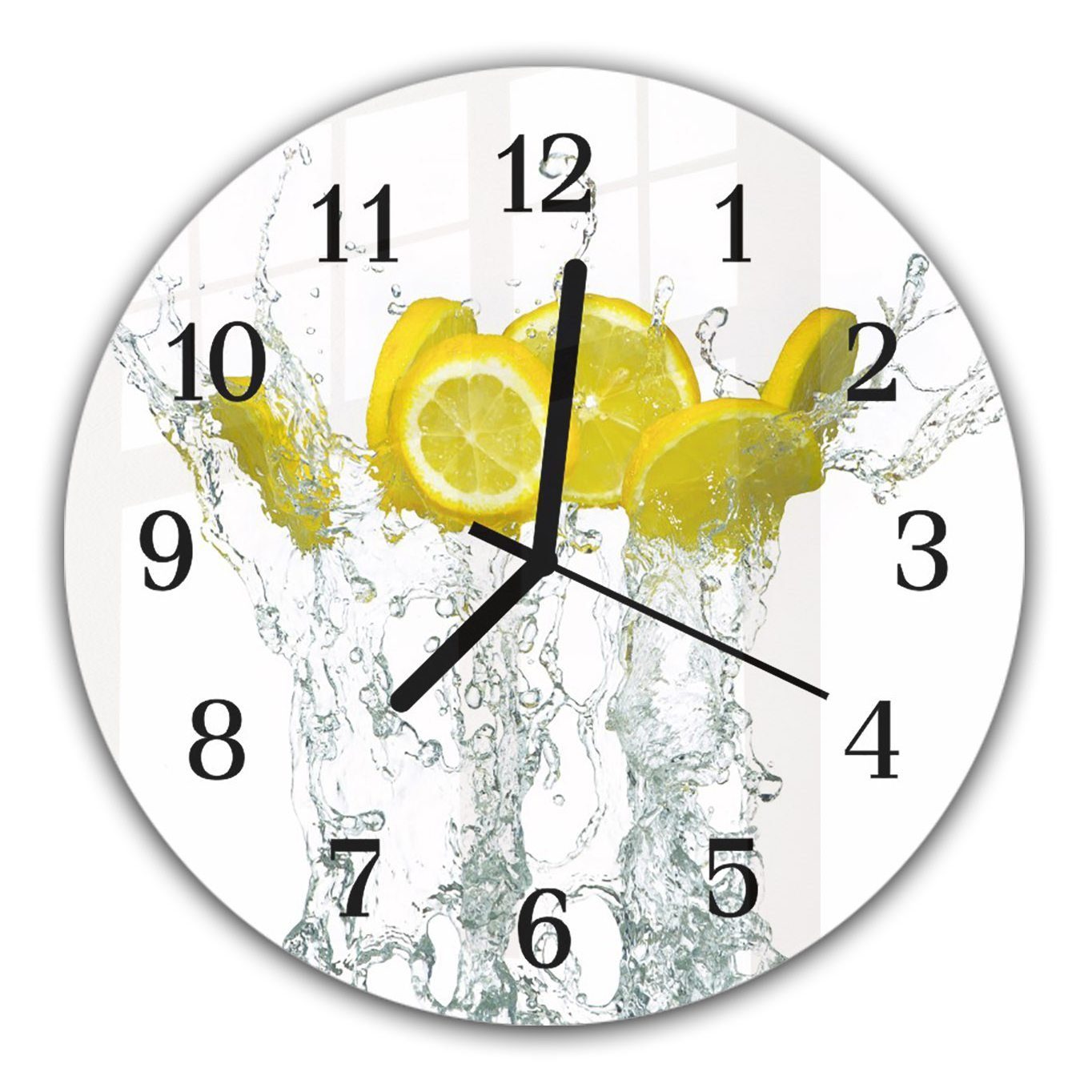 Primedeco Wanduhr Wanduhr aus Glas mit Motiv Zitronen ins Wasser fallend - Rund mit Durchmesser 30 cm und Quarzuhrwerk