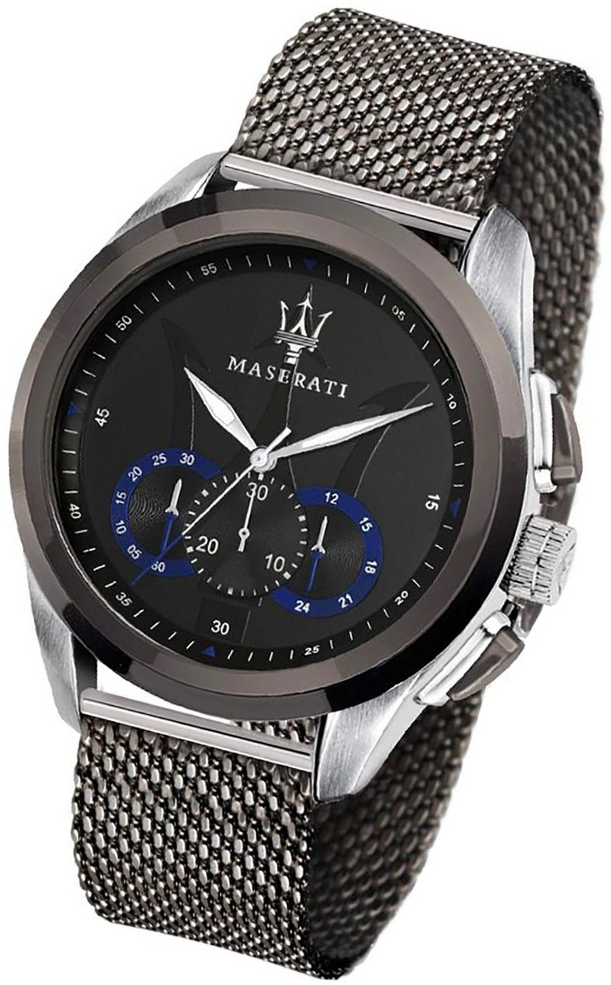 MASERATI Chronograph Maserati Edelstahl Armband-Uhr, (Chronograph), Herrenuhr Edelstahlarmband, rundes Gehäuse, groß (ca. 55x45mm) schwarz
