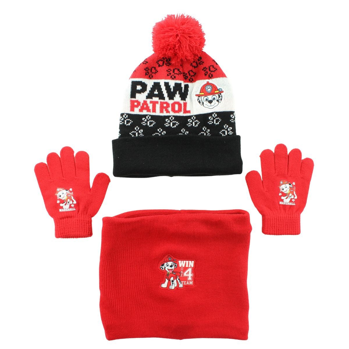 PAW PATROL Bommelmütze Paw Patrol Marshall Kinder 3tlg Set Winter Mütze plus Перчатки Snood Gr. 52 bis 54
