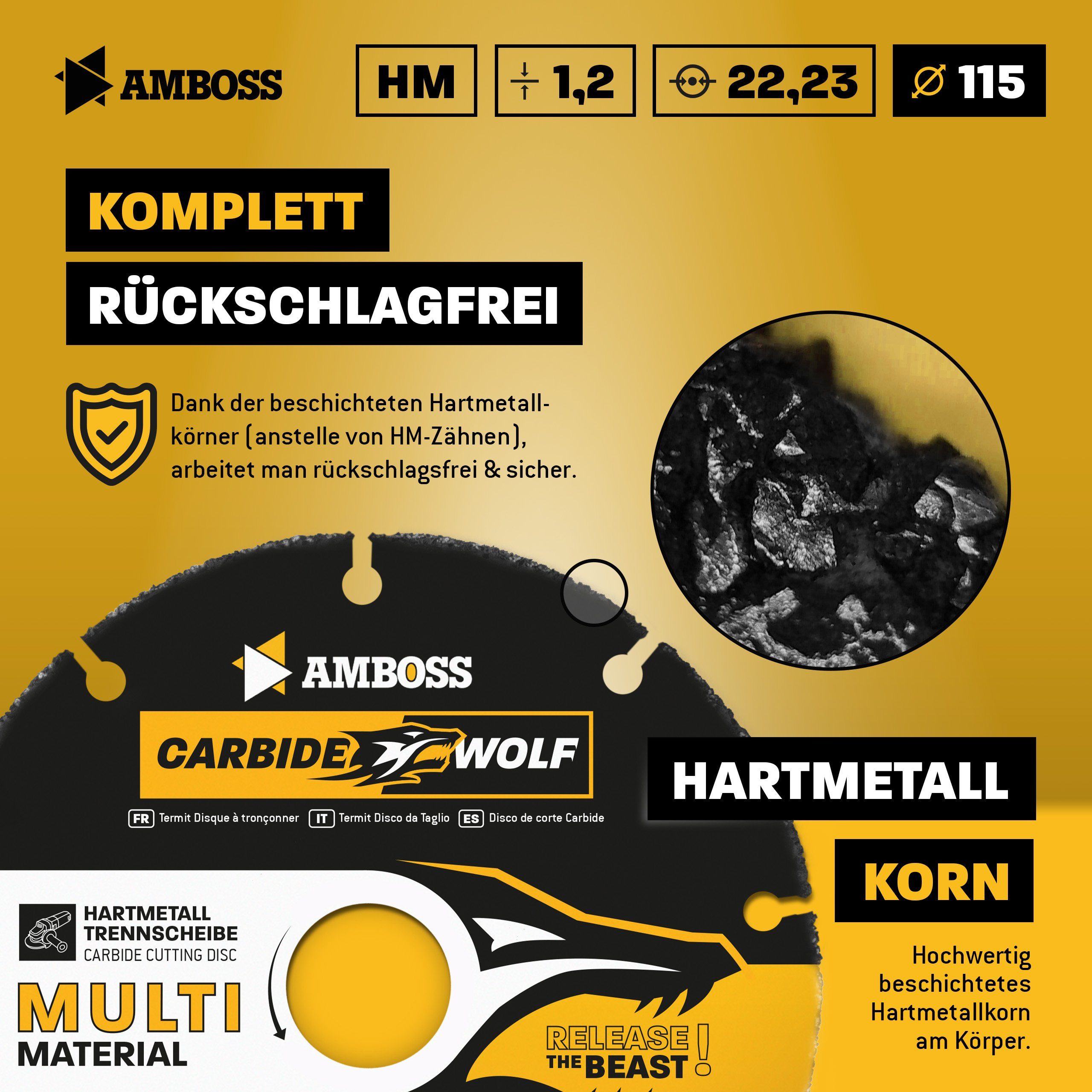 x, Wolf Trennscheibe Kreissägeblatt x (Dicke) (Bohrung) Werkzeuge Amboss Carbide 1.2 115 mm HM - 1.2 Amboss mm 22.2