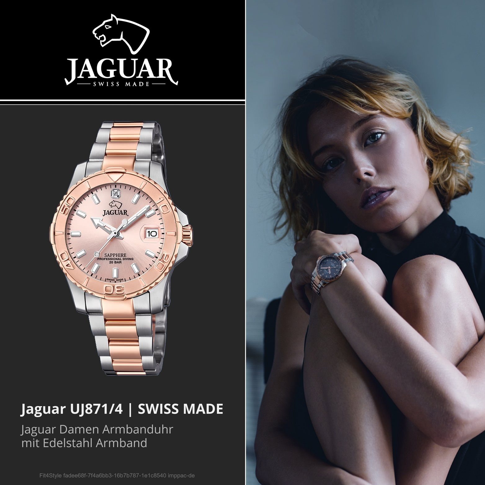Quarzuhr mittel Jaguar Uhr mit 34mm), J871/4 Edelstahl JAGUAR Fash Gehäuse, Edelstahlarmband, (ca. Damenuhr Damen rundes Analog,