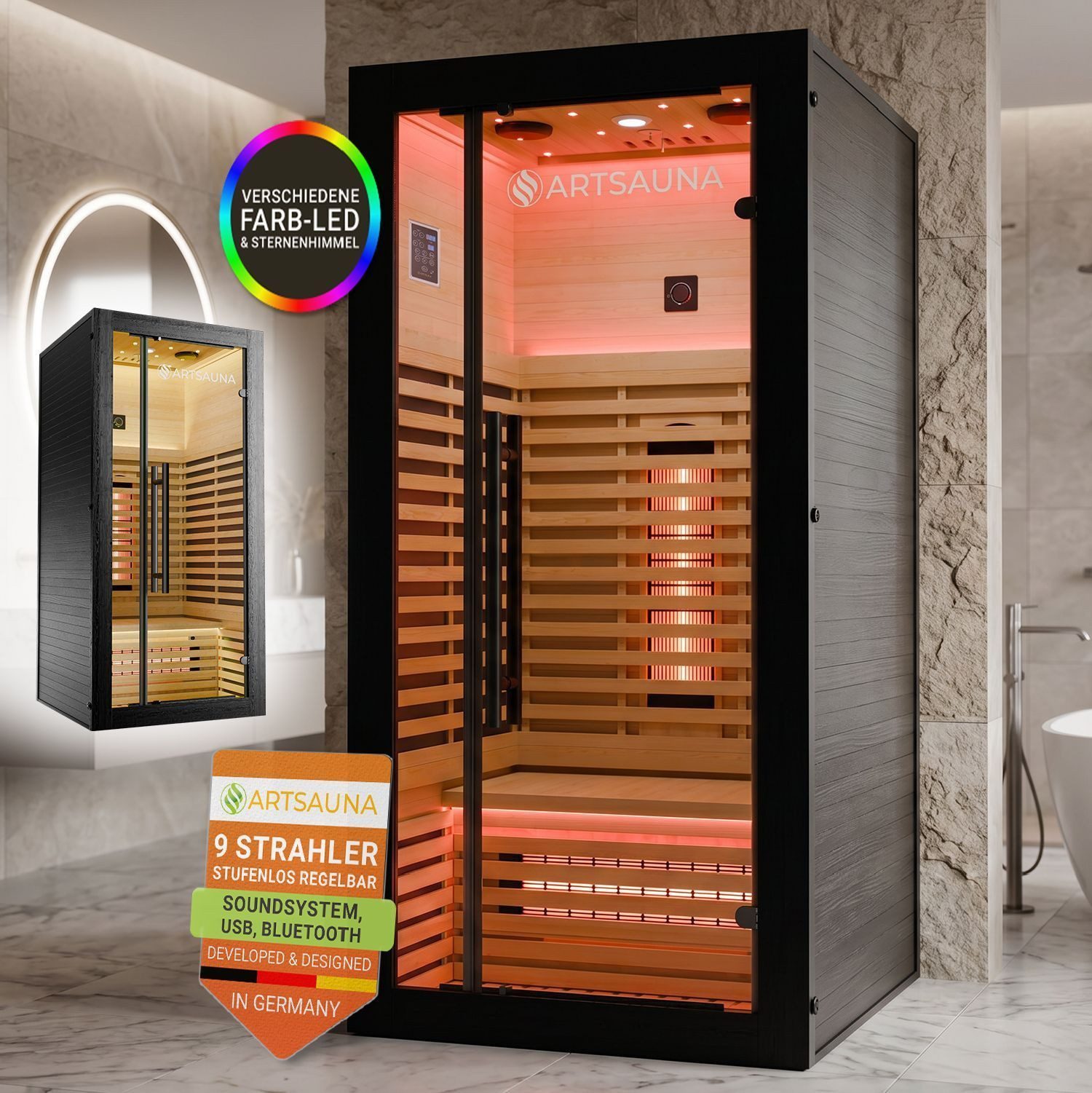Artsauna Infrarotkabine Trondheim90, Dual-Technik, Dimmbare Rückenstrahler, 1 Personen, LED-Beleuchtung