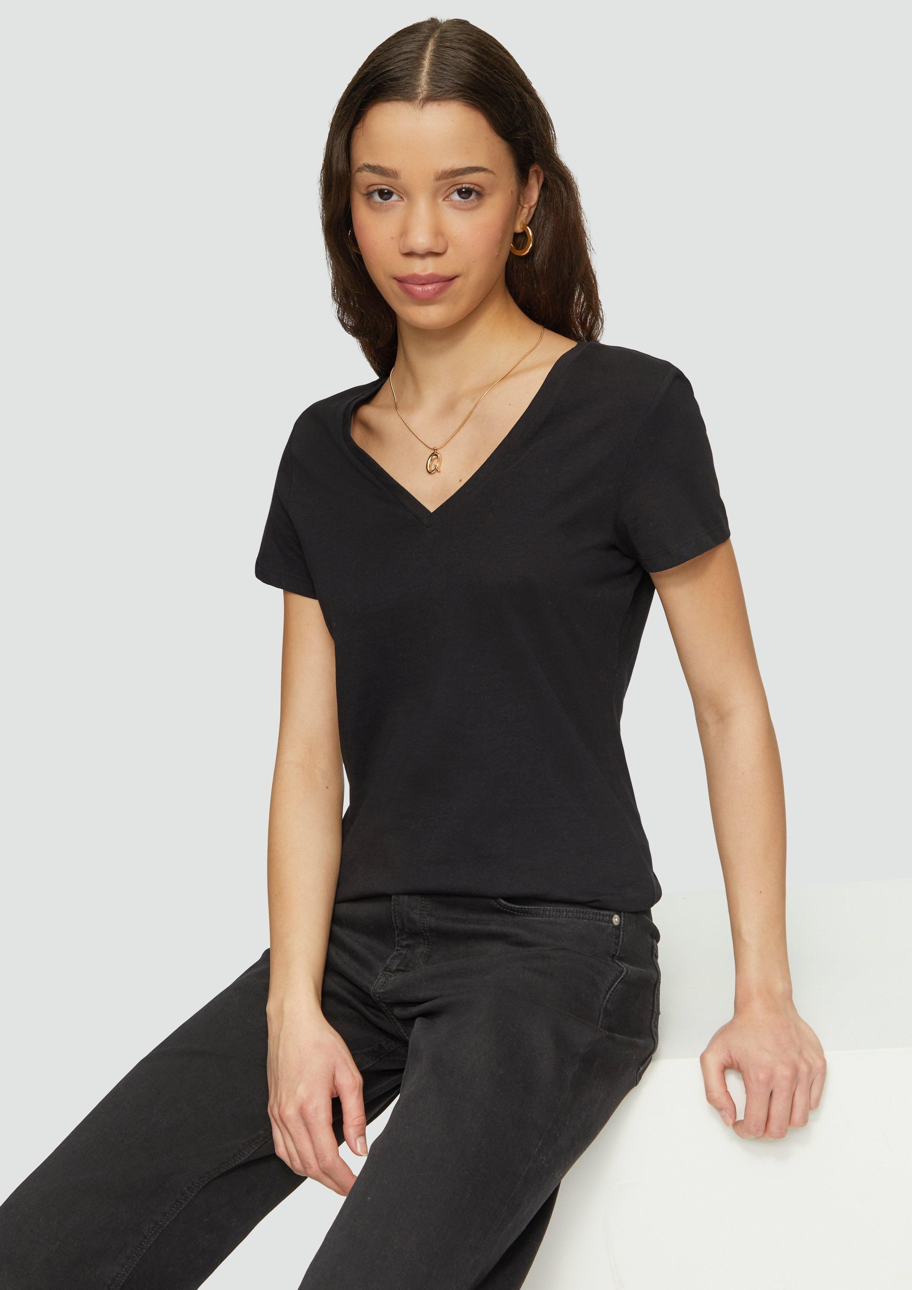QS Kurzarmshirt Baumwollshirt mit V-Ausschnitt günstig online kaufen
