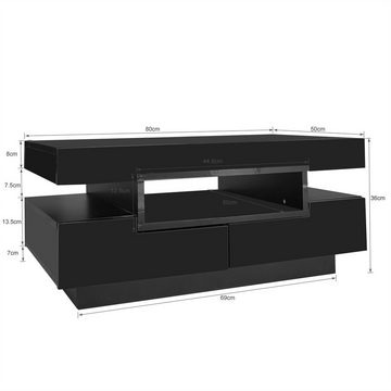 Powerwill Couchtisch Couchtisch, Hochglanzoberfläche, mit LED-Lichtleiste, vier Schubladen vorne und hinten, großer Stauraum