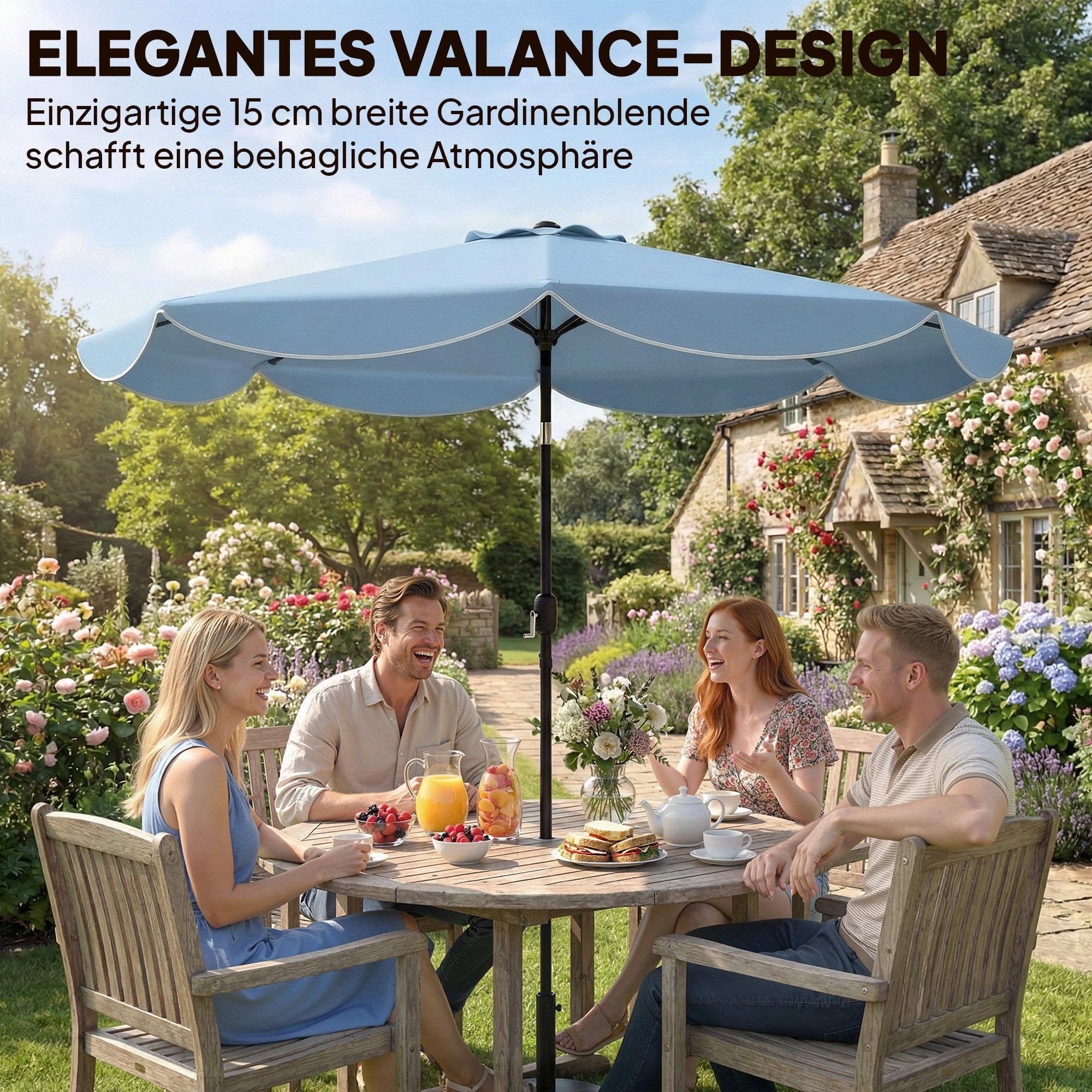 Outsunny Sonnenschirm Balkonschirm Strandschirm mit 3-facher Neigung, Kurbel, LxB: 265x265 cm, rund Balkonschirm, Strandschirm, für Strand Balkon Garten, Himmel – Bild 4 von 5