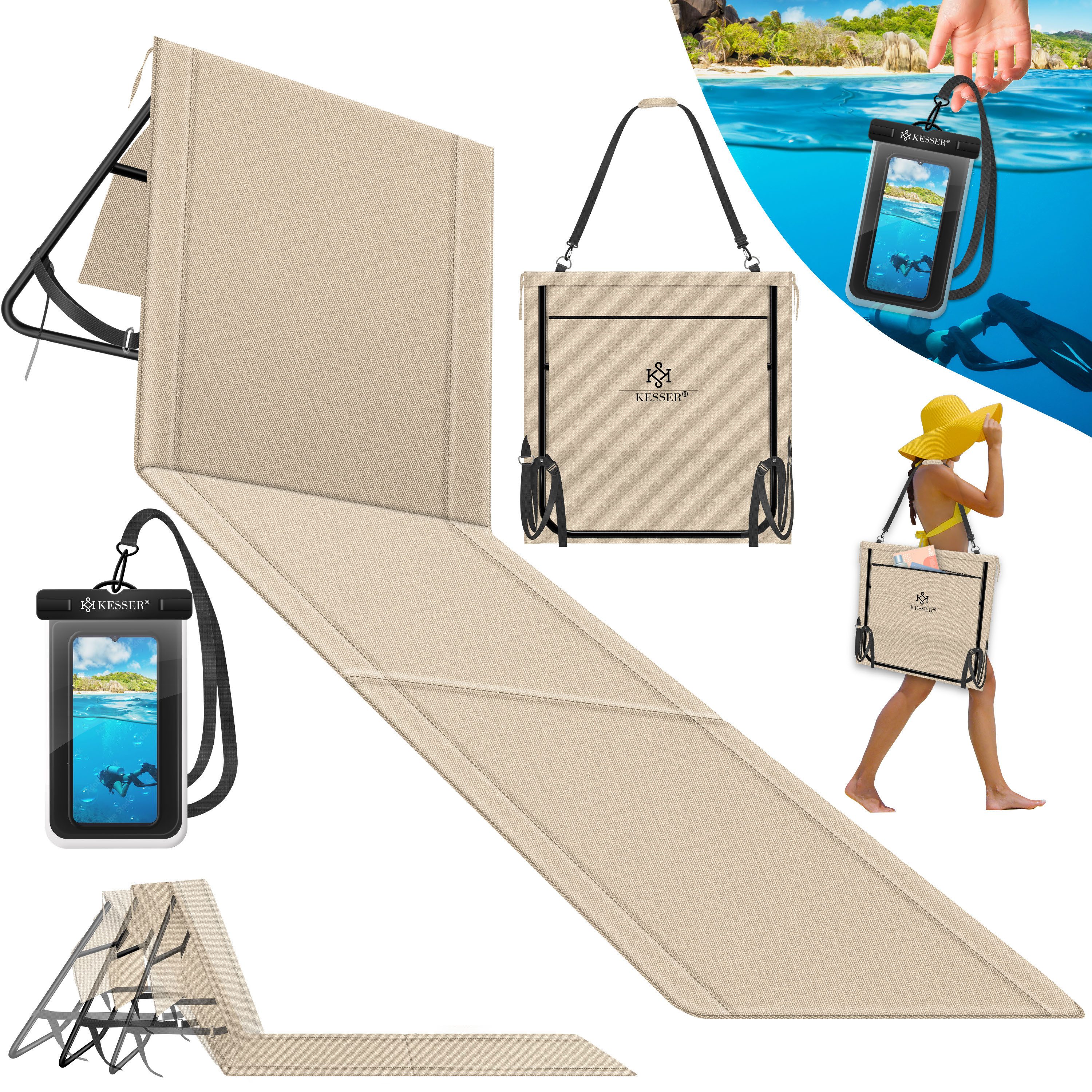 KESSER Gartenliege Strandmatte klappbar mit verstellbarer Rückenlehne max. 130 kg, 1 St., Strandliege mit Tragegurt, wasserdichter Handyhülle & Tragetasche, Sonnenliege faltbar für Strand, Garten & Terrasse Liegematte