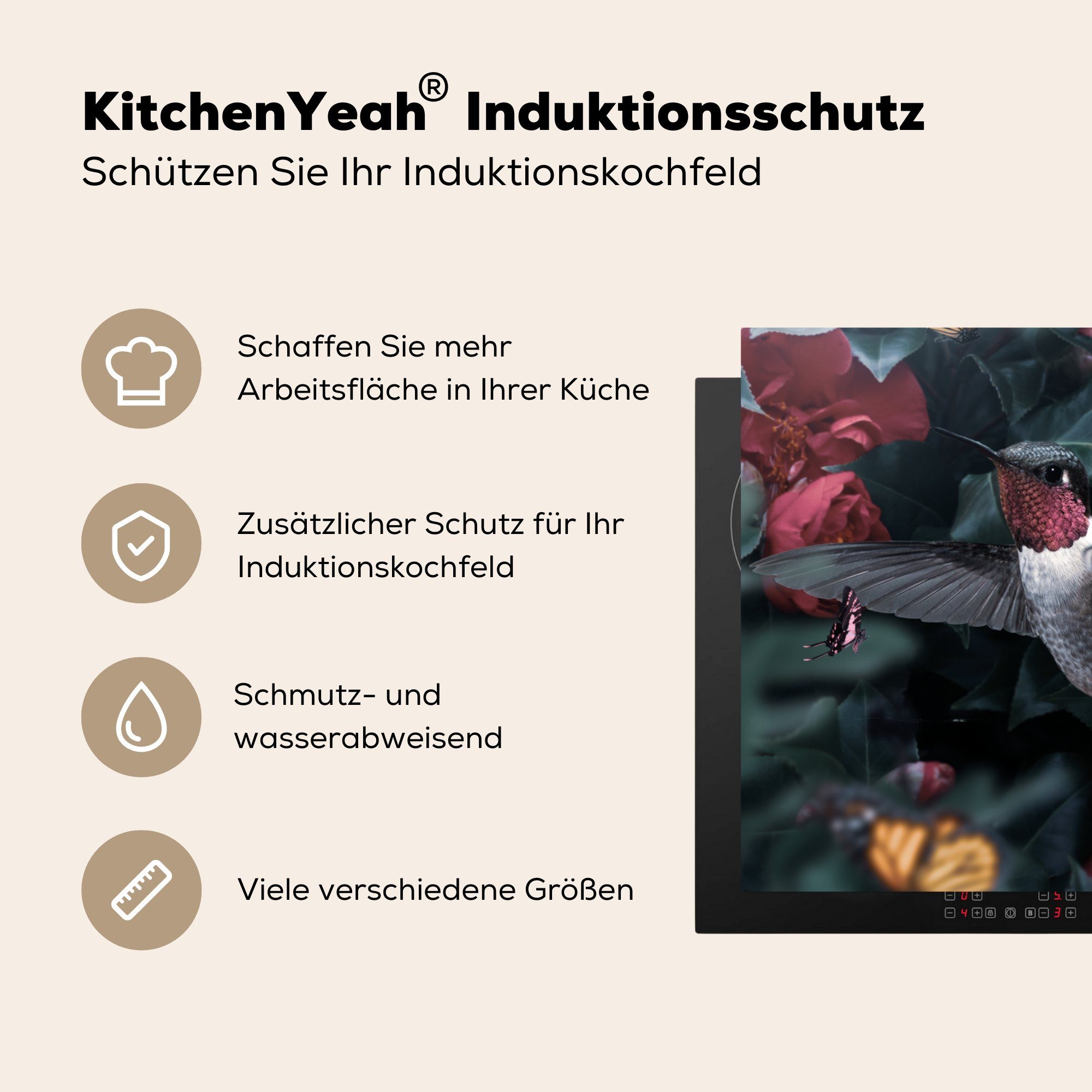 MuchoWow Herdblende-/Abdeckplatte küche Vinyl, Ceranfeldabdeckung, für - (1 Rosa, cm, Kolibri Arbeitsplatte - 78x78 Schmetterlinge tlg)