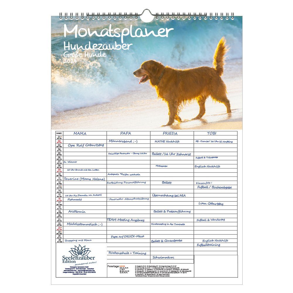 Seelenzauber Wandkalender Hundezauber Große Hunde Wandplaner Familienplaner 4 Spaltenplaner A3