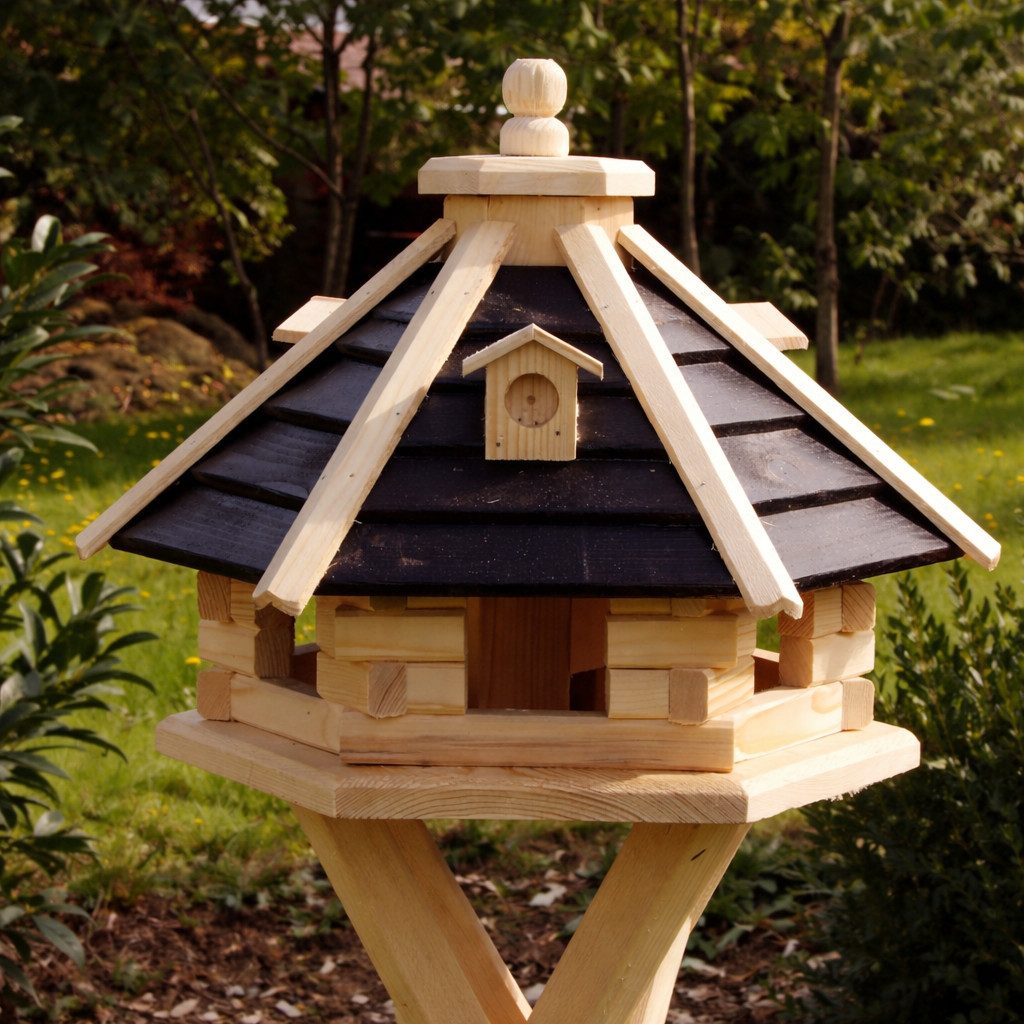 Holzdekoladen Vogelhaus Vogelhaus aus Holz Optional mit Ständer & Solarlicht weiß – sechseckig