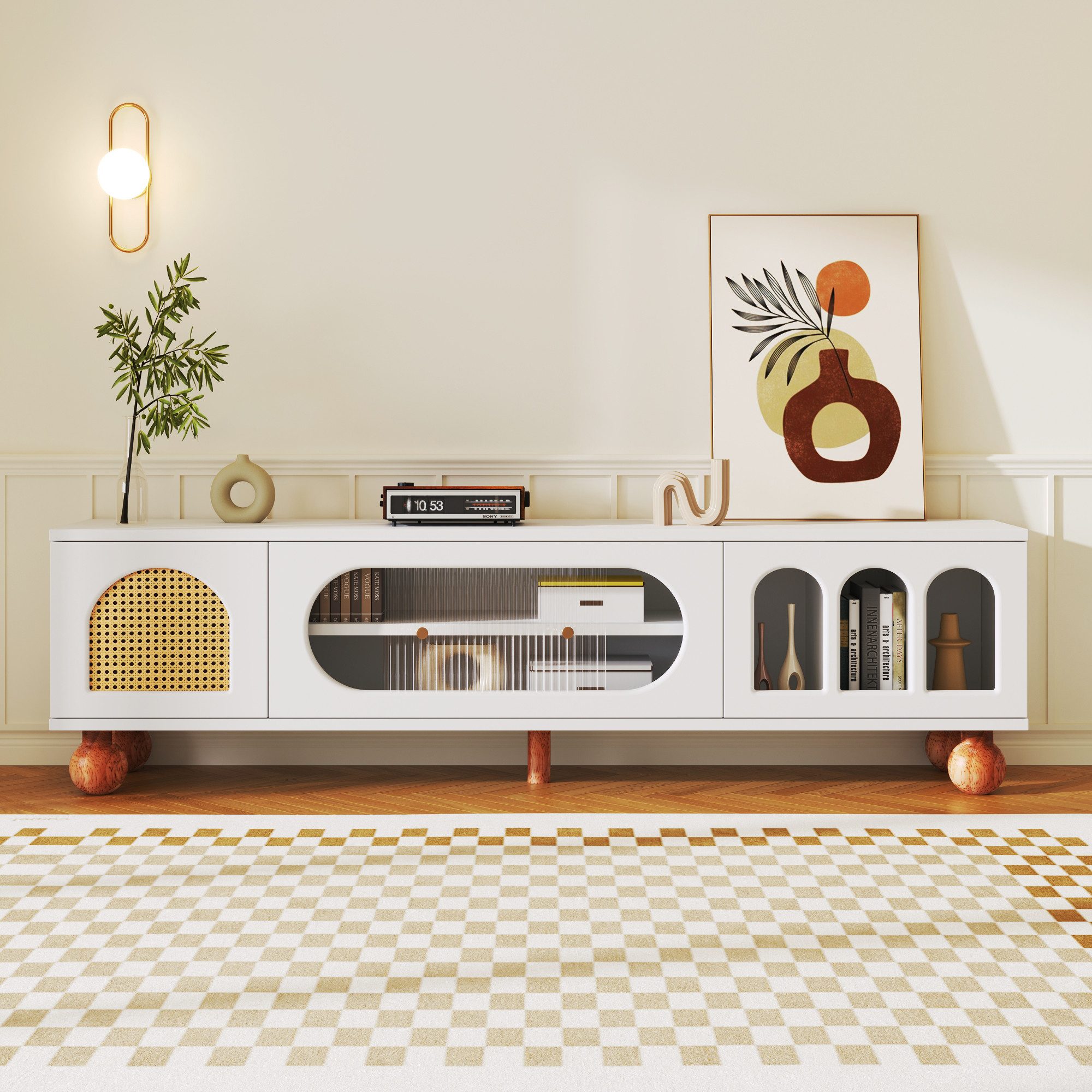 MODFU TV-Schrank mit Glasschiebetür & Rattanoptik – 170 x 47 x 37 cm (Packung, 1-St., Kombinierter Fernsehschrank – modernes Design mit natürlichen Akzenten) 1 Glasschiebetür, 1 Rattantür, großzügiger Stauraum