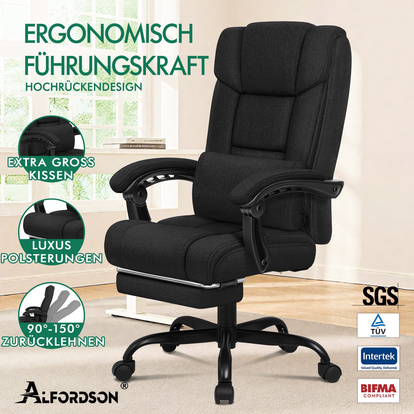 ALFORDSON Bürostuhl mit Fußstütze und XL-Lendenkissen, 150° neigbar, Schwarz