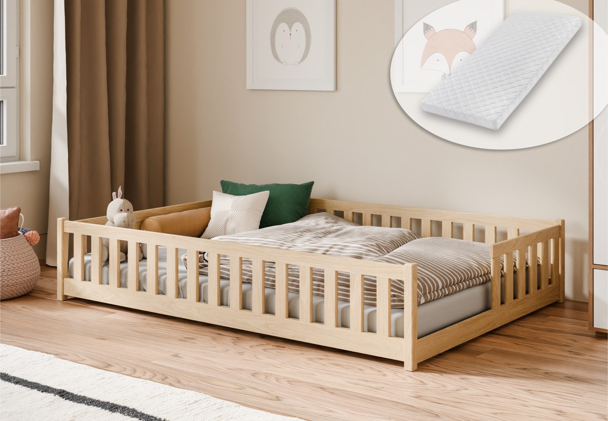 Kids Collective Kinderbett Bodenbett mit Rausfallschutz & Lattenrost Montessori Betten Kinder (Verfügbare Größen: 80 x 160, 80 x 180, 90 x 190, 90 x 200, 120 x 200, 140 x 200 cm), Jugendbett Einzelbett Kiefer mit Matratze Natur 140x200 cm