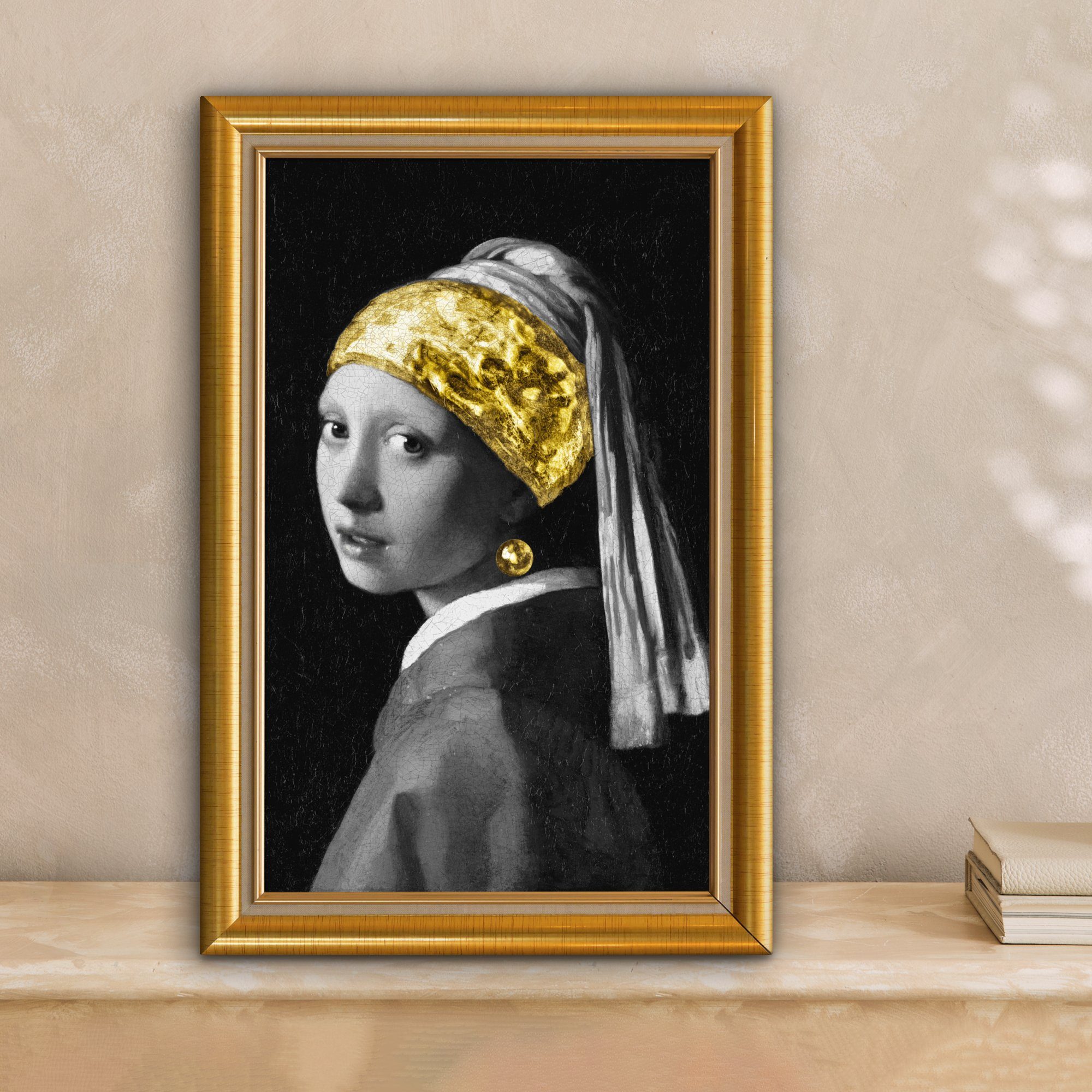 Leinwandbild Rahmen, inkl. St), - Gold OneMillionCanvasses® - Perlenohrring Vermeer Leinwandbild 20x30 Gemälde, fertig mit Zackenaufhänger, (1 Mädchen cm - bespannt