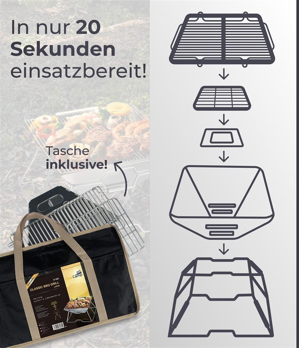 AceCamp Holzkohlegrill To Go Mittel – Faltbar, Edelstahl, Tragetasche, Einzelartikel, 1-teilig, Faltbarer Holzkohlegrill aus Edelstahl mit Tragetasche