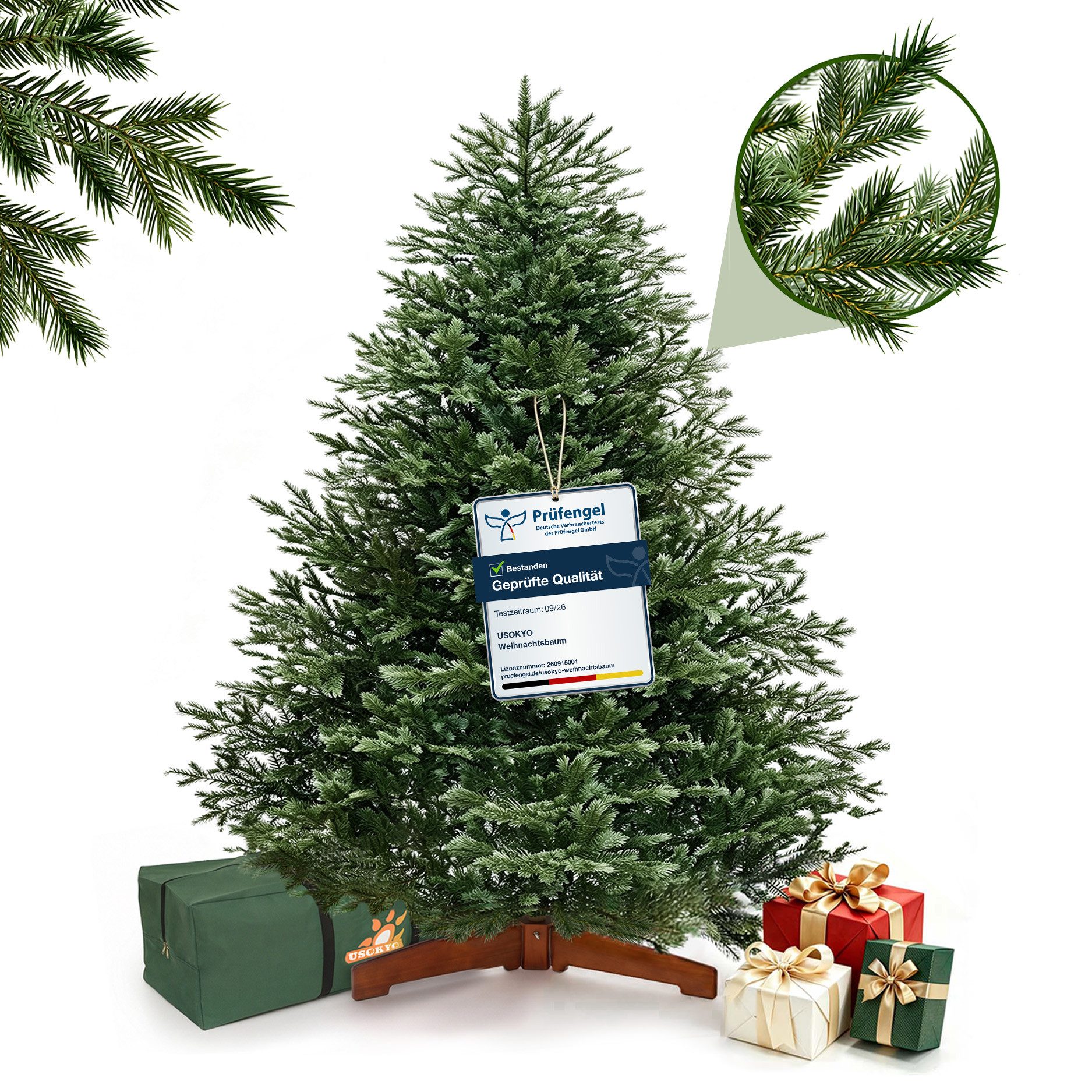 USOKYO Künstlicher Weihnachtsbaum 100 % PE [1,2m/1,8 m/2,1 m] - Naturgetreue Nordmanntanne, Premium Weihnachtsbaum mit Holzständer, Klappsystem & langlebig