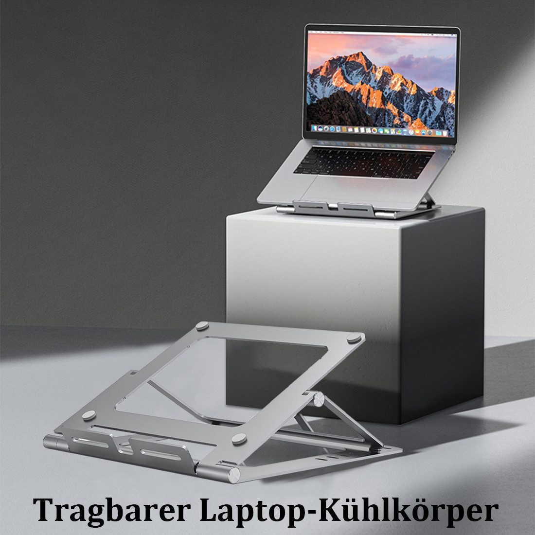 AURIVION Halterung Aluminium Laptopständer höhenverstellbar für 12–17,3 Zoll, (bis 17.3 Zoll, Set, 1-tlg., Tragbarer Laptop Tisch mit Kühlfunktion & neigbarem Design, Klappbarer Notebook Stand mit 8-facher Winkelverstellung)
