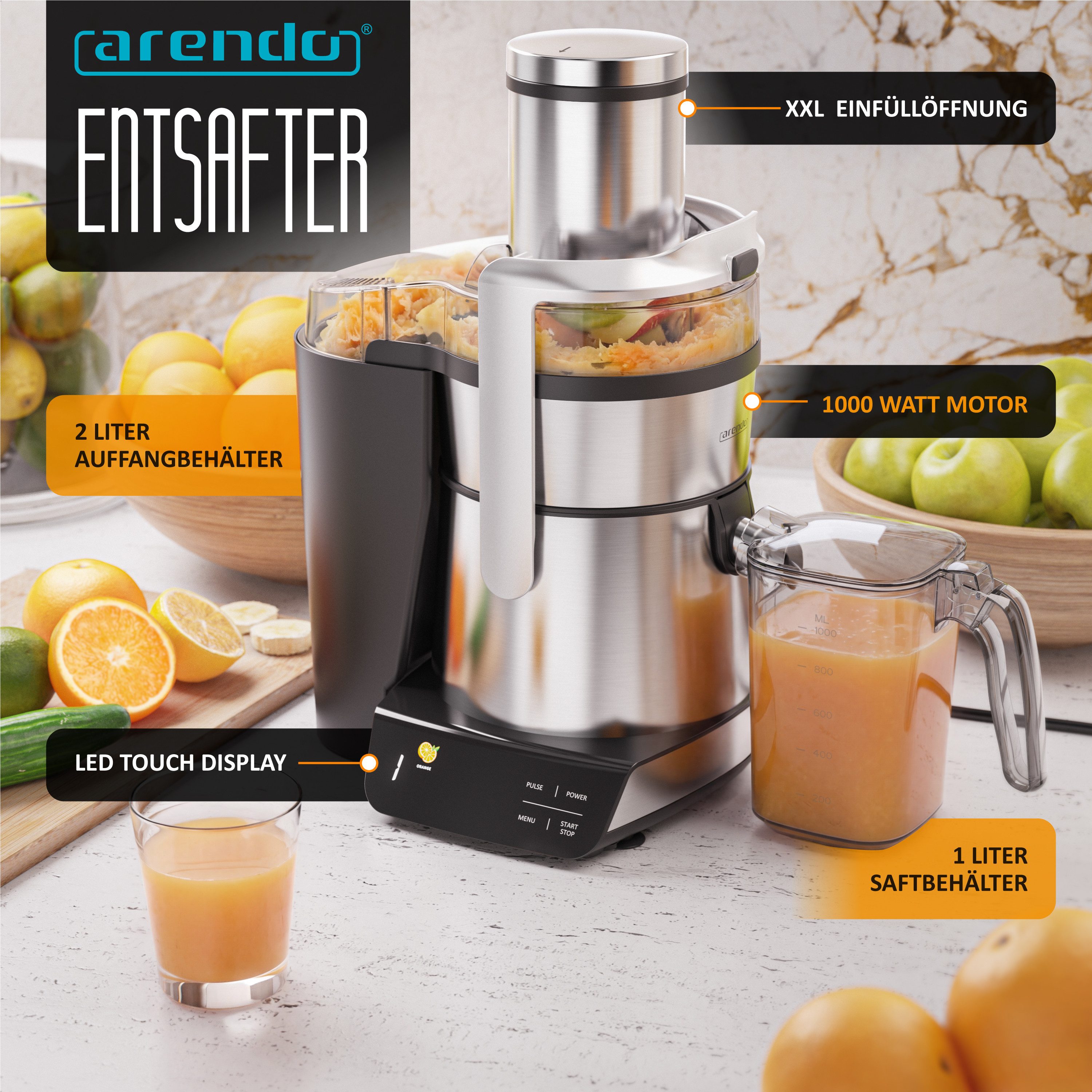 Arendo Zentrifugenentsafter Zentrifugaler Edelstahl digital Entsafter, Obst & Gemüse, Farbsymbole, 1000.0 W, 85mm XXL-Schacht, LED-Touch-Display, BPA-frei & Edelstahl-Design