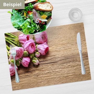 Platzset, Tischset Frühling, Ostern & Blumen - Rosa Rosen auf Holz, Tischsetmacher, (aus Naturpapier in Aufbewahrungsmappe, 12-St., 44 x 32 cm / rosa-braun), Tischdeko Made in Germany
