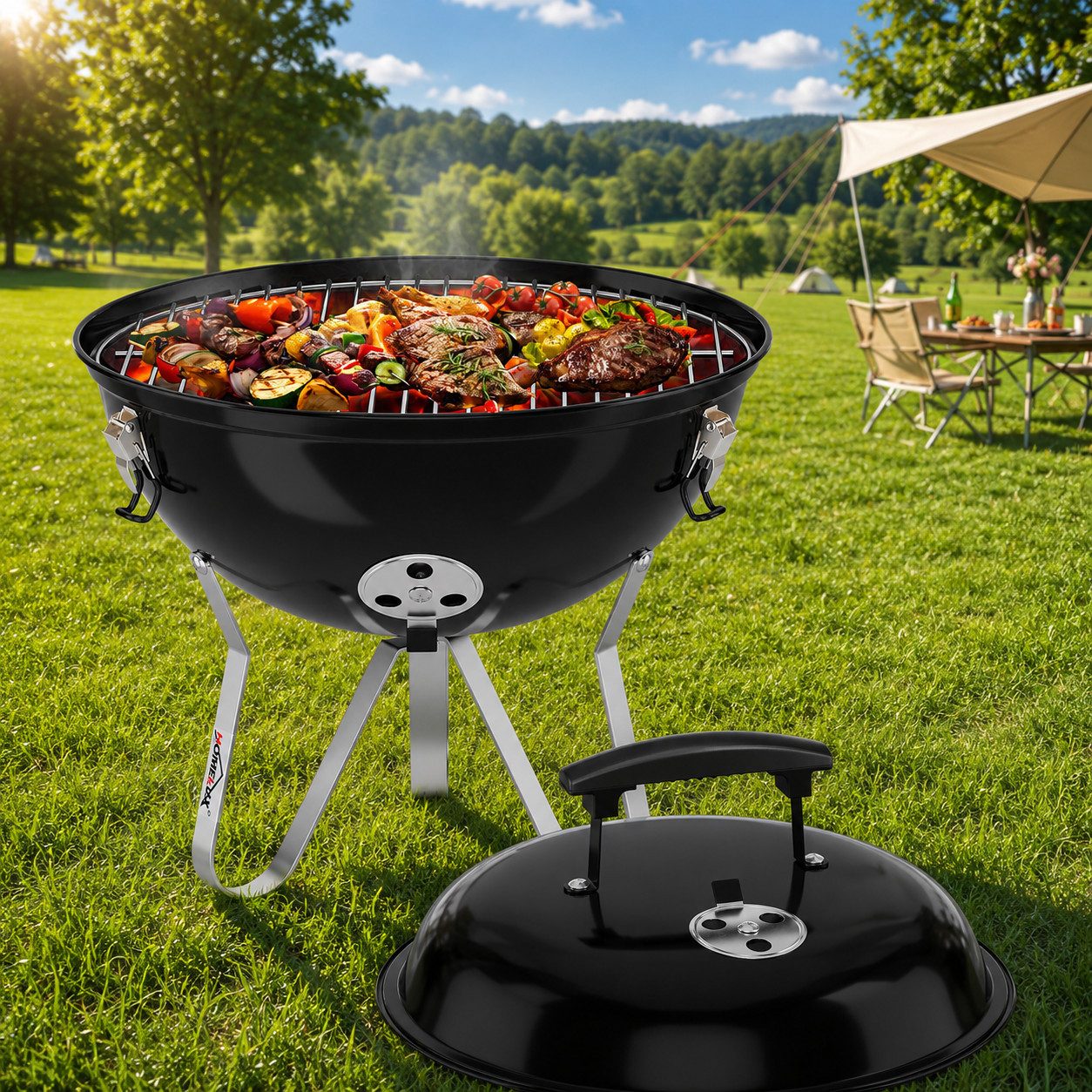 HOMELUX Holzkohlegrill Kugelgrill Ø34/44cm Grillfäche Campinggrill mit Luftventilen & Deckel, Verbrühungsschutz-Grif, Robust & langlebig, Tragbarer Holzkohlegrill mit Deckel