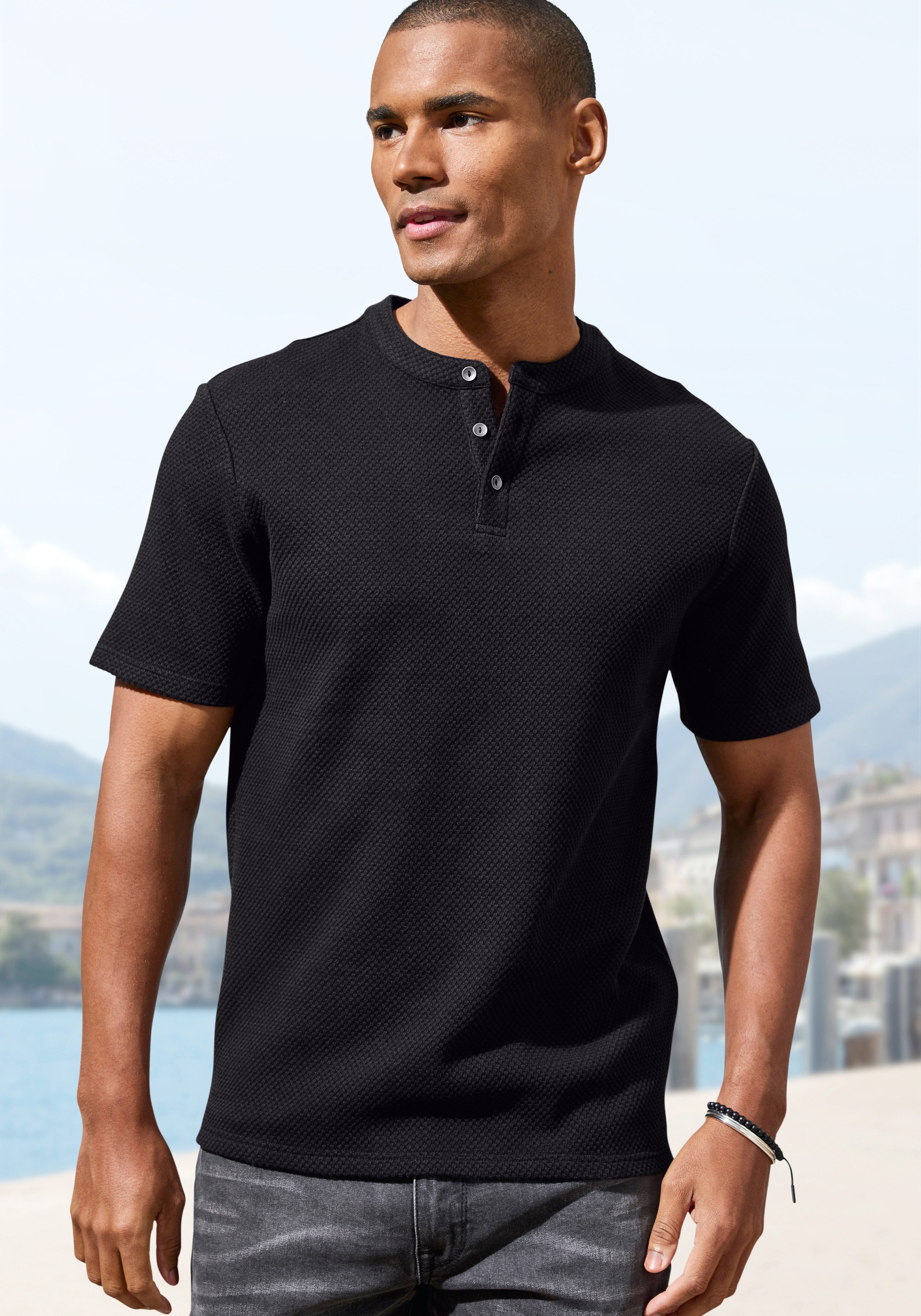 John Devin T-Shirt Kurzarm-Poloshirt aus Struktur-Qualität mit modischem Stehkragen und Knopfleiste