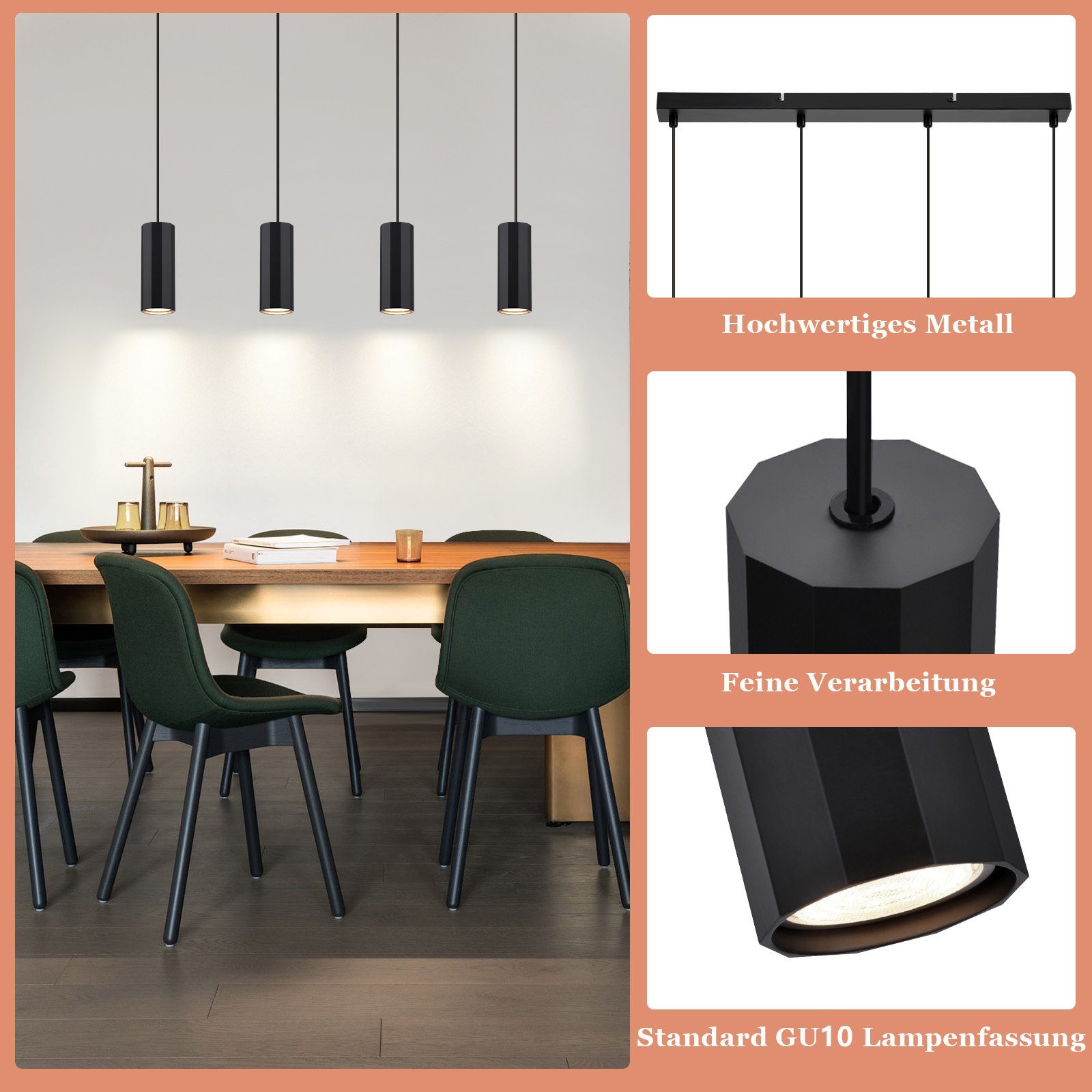 Nettlife Pendelleuchte Hängelampe GU10 Wohnzimmer Pendelleuchte Modern, höhenverstellbar, LED wechselbar, Wohnzimmer Küche Schlafzimmer
