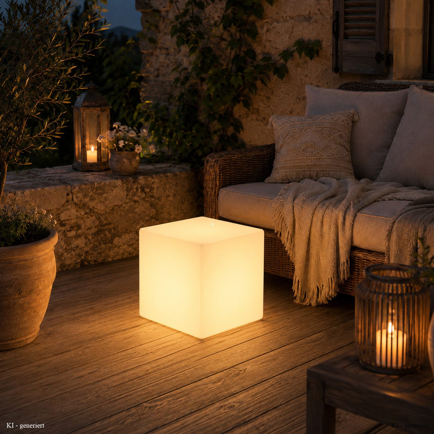 SATISFIRE LED Würfel LED Leuchtwürfel Cube 40x40cm E27 warmweiß outdoor Beistelltisch, LED Classic, warmweiß (2100K bis 3000K)