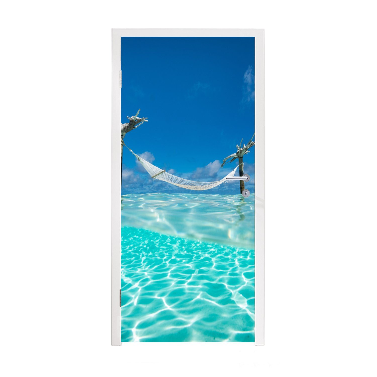 MuchoWow Türtapete Sommer - Meer - Hängematte, Matt, bedruckt, (1 St), Selbstklebende Tapete, Folie für Möbel, 75x205 cm