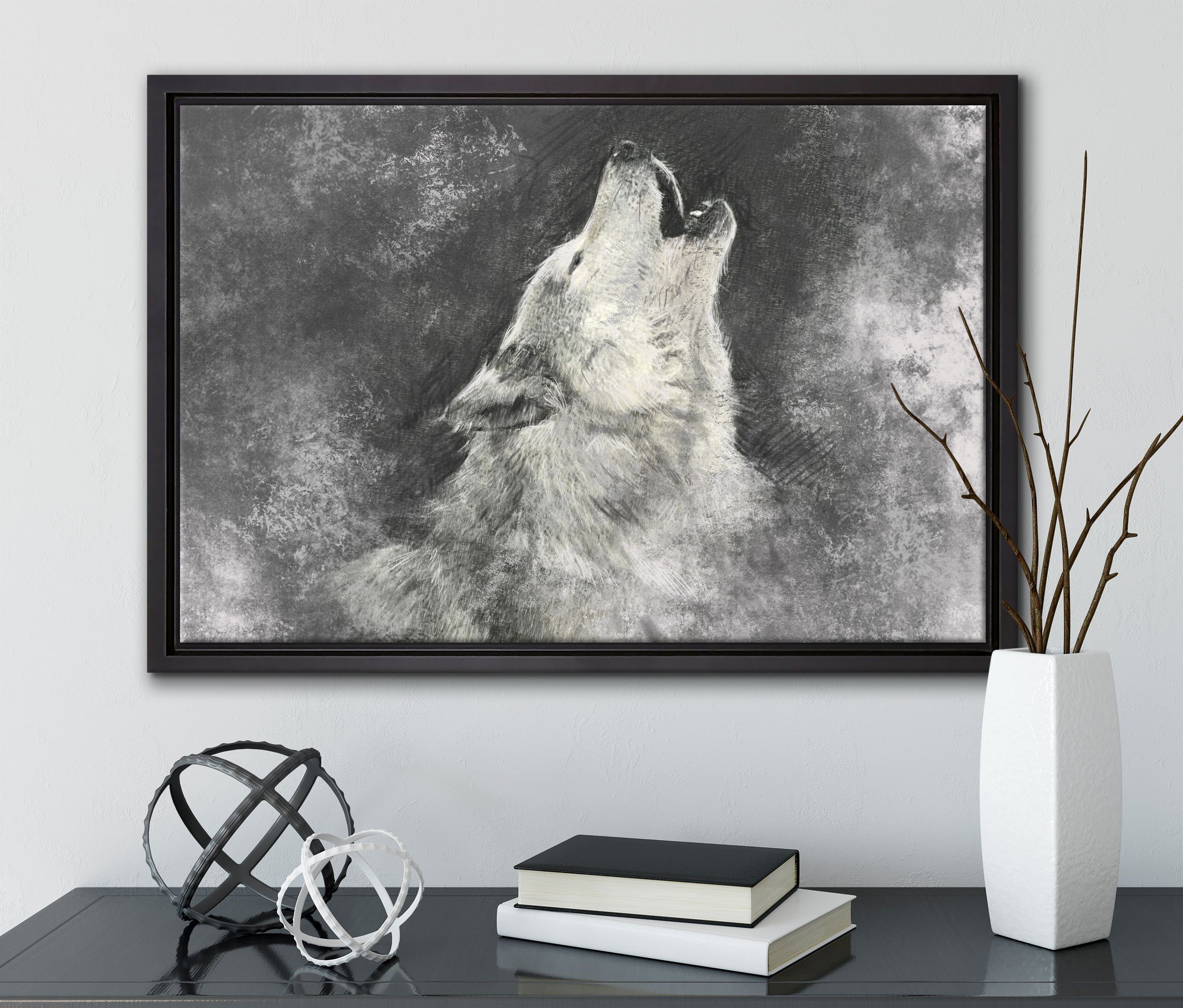 bespannt, in Leinwandbild (1 Wolf gefasst, St), Leinwandbild fertig Pixxprint Heulender Schattenfugen-Bilderrahmen Kunst, inkl. Wanddekoration einem Zackenaufhänger