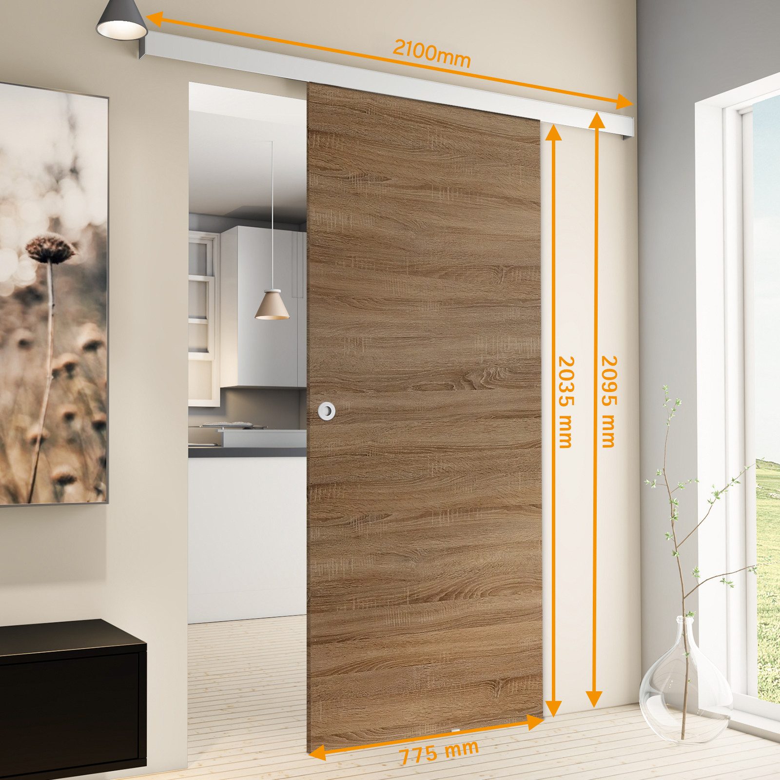 inova wohnen Schiebetür Holzschiebetür Wildeiche, Größenauswahl (Komplett Set, inkl. Schienensystem und Griff), Softclose-Funktion wählbar