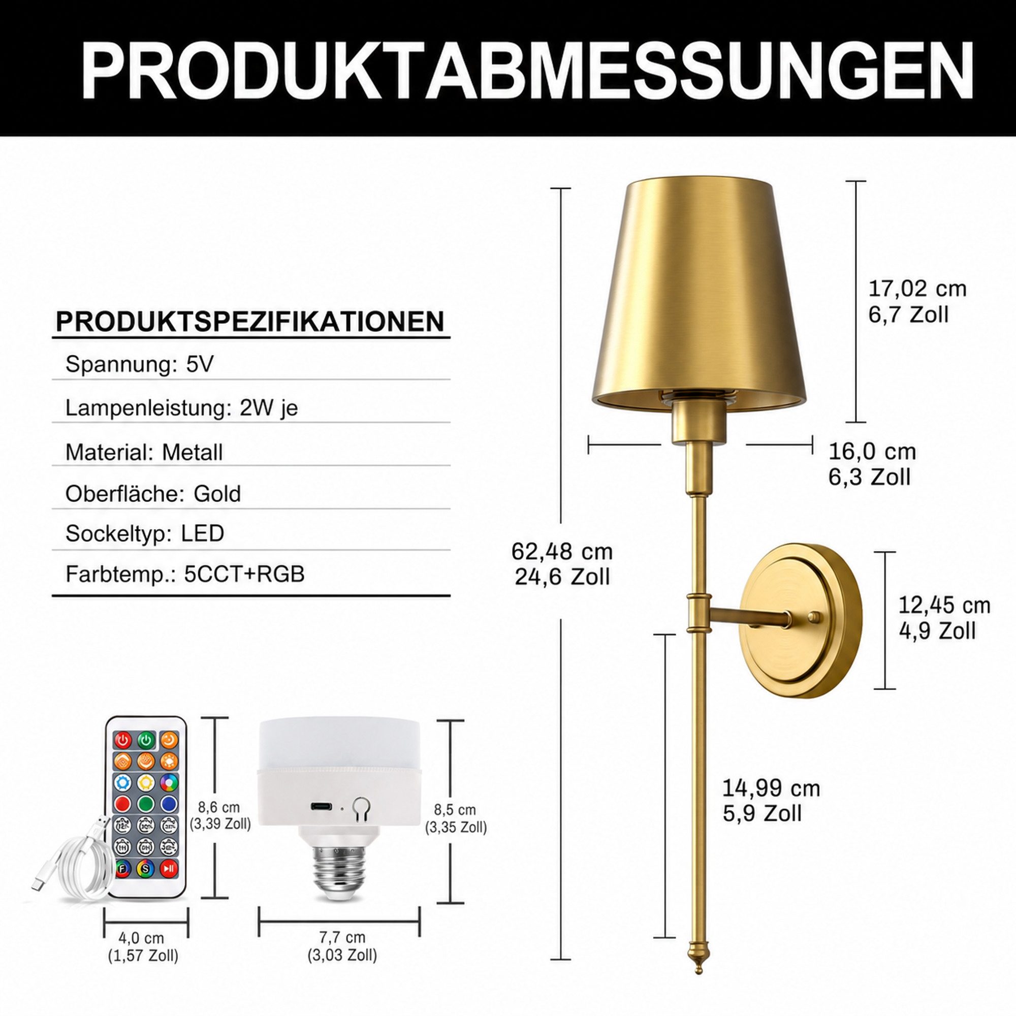LOHAS-LED Wandleuchte 2er-Set goldene kegelförmige Akku-Wandleuchte, Gesamt 62,48 cm, LED wechselbar, RGBCW, E26 RGBCW dimmbar mit IR-Fernbedienung